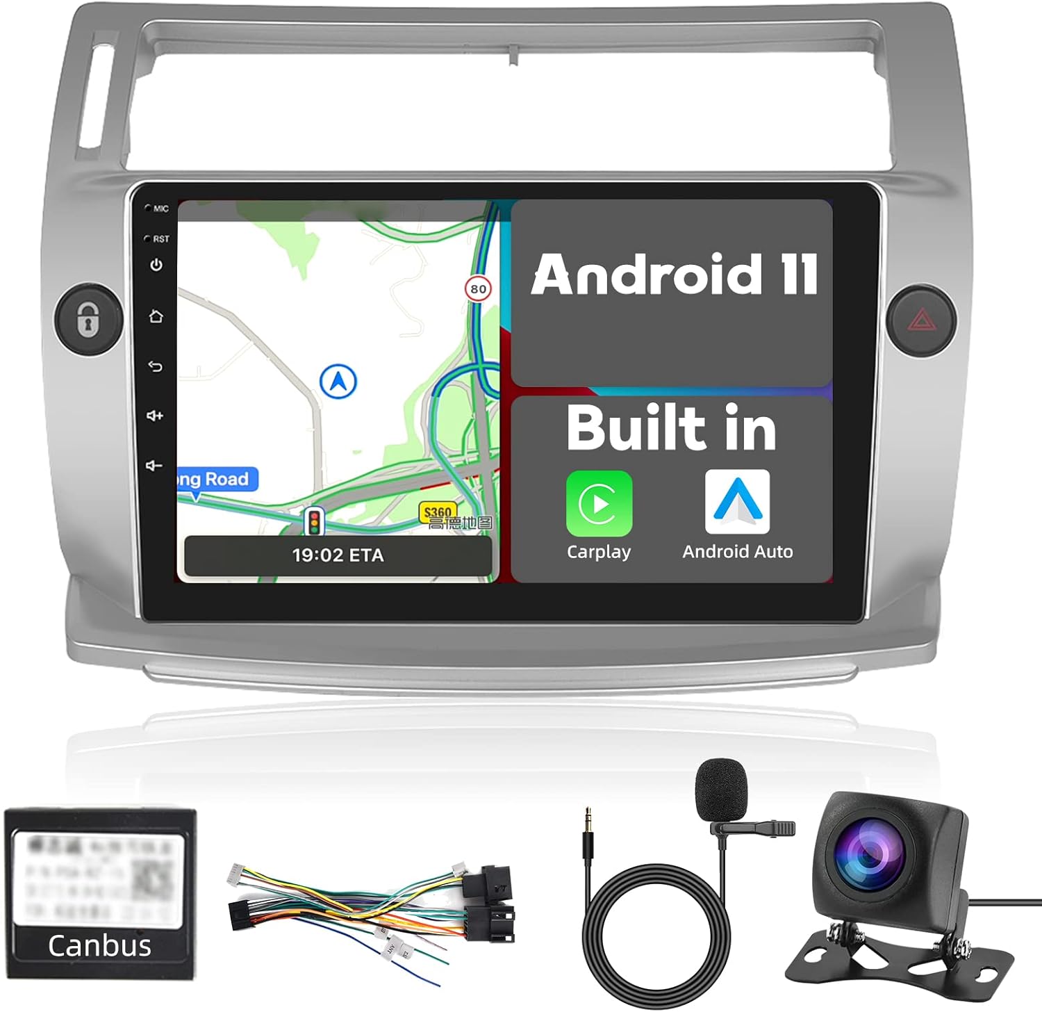 Radio para Citroen C4 2004-2009 / C-Quatre 2008-2011, Android 11 Carplay Android Auto Pantalla Táctil 9 Pulgadas Radio Canbus con Navegación GPS WiFi Radio FM RDS, 2 DIN para Citroen C4 con Cámara