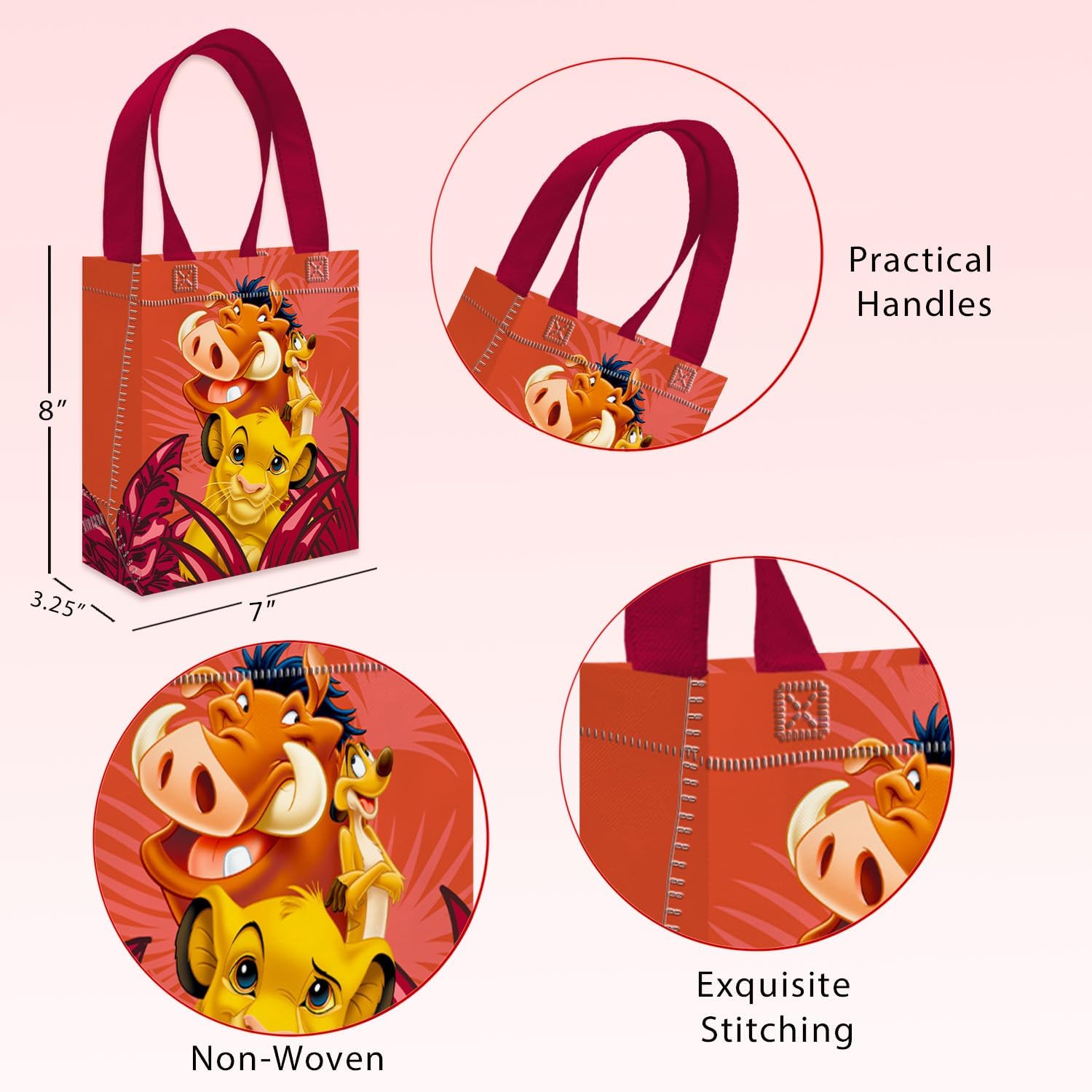 Lion King Party Favor Bags Set – 24 Pack 8" Disney Goodie Bags for Kids Bulk Reusable Mini Totes | Disney Lion King Birthday Party Supplies