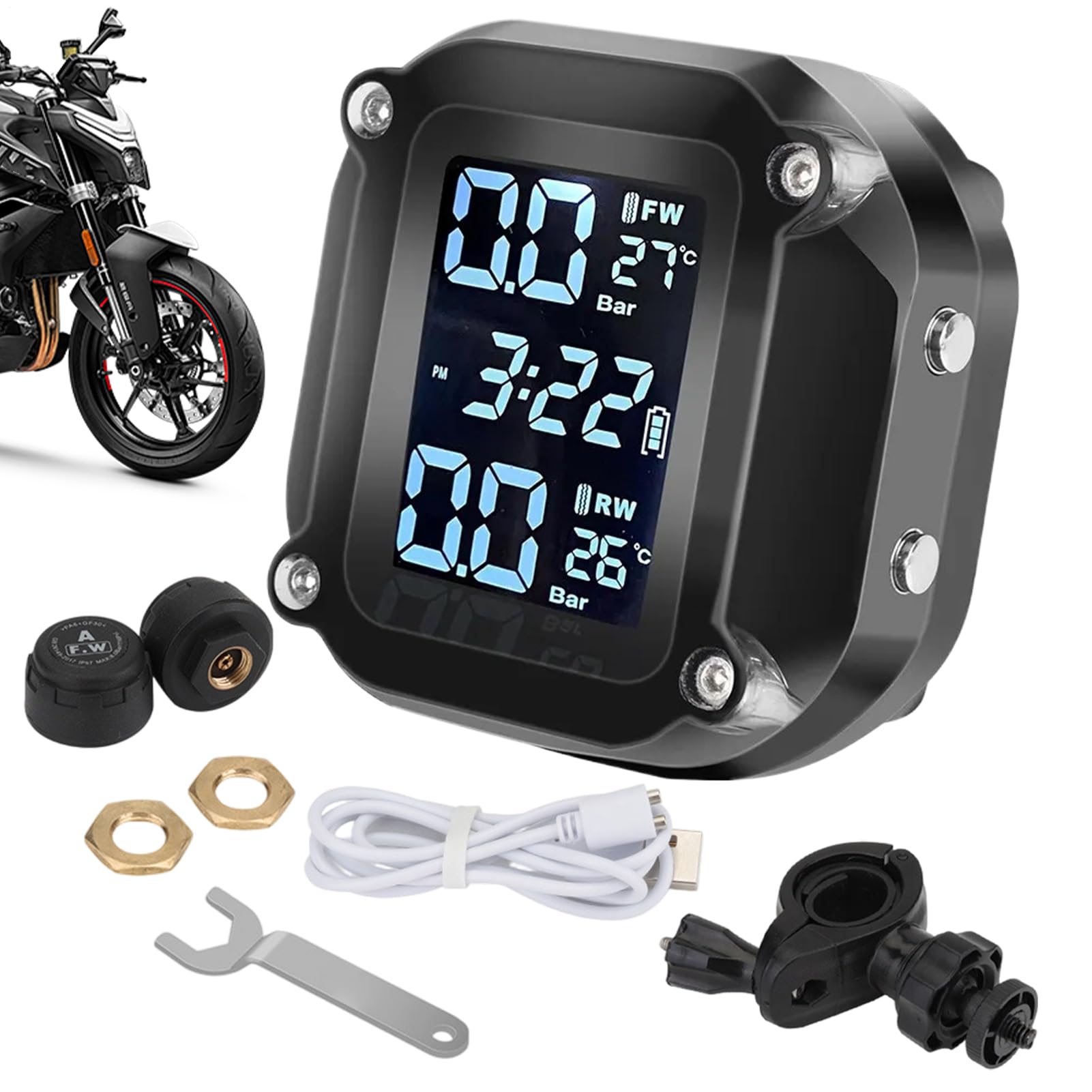 Controllo della Pressione degli Pneumatici M5 per Moto, Set di sensori Esterni, di monitoraggio Senza Fili, Funzione di Allarme, monitoraggio preciso degli Pneumatici, Adatto per Strada