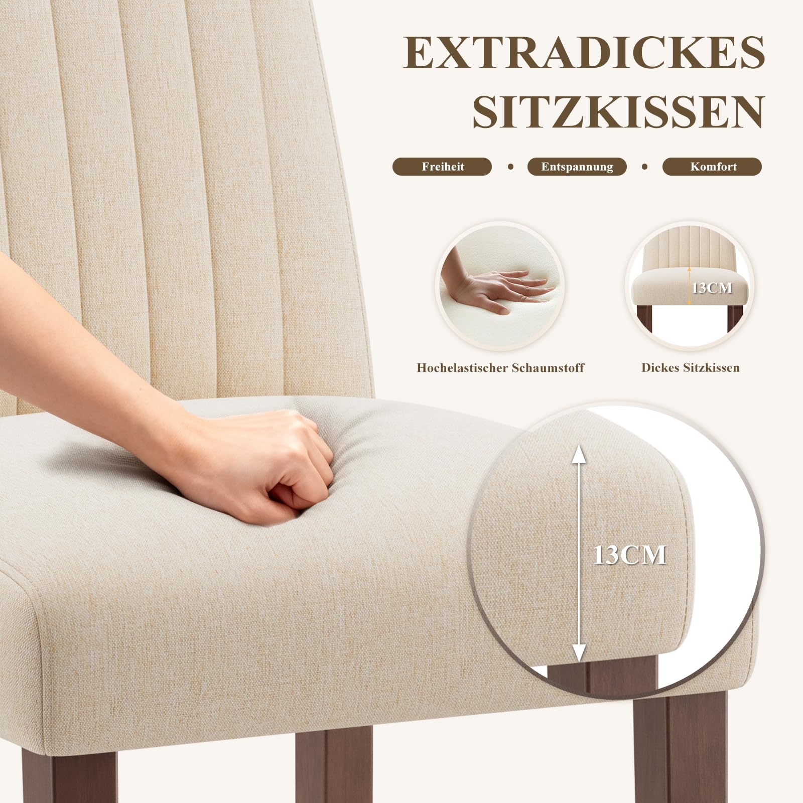 COLAMY Esszimmerstühle 2er Set, Polsternder Stühle Esszimmer mit Rückenlehne, Küchenstühle Gepolstert, Stoff Dining Chairs Holzbeinen für Esszimmer, Küche, Restaurant, Beige
