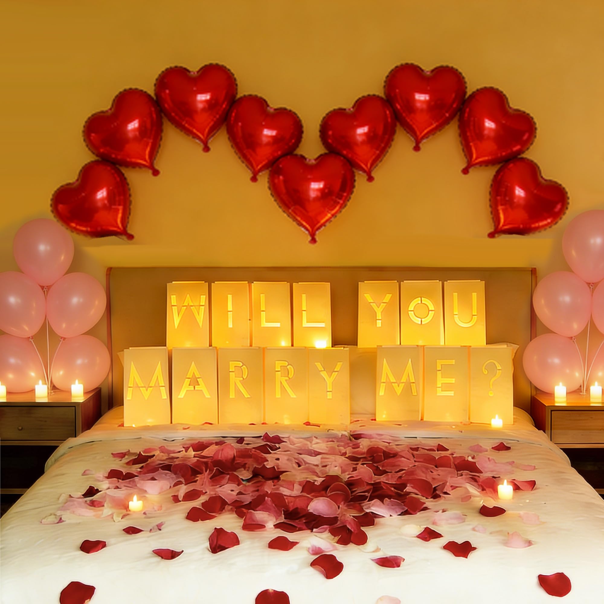 2074 Stück "Marry Me", leuchtende Buchstaben, Antragsdekorationen mit flammenlosen Kerzen, künstliche Rosenblätter, Latex-Aluminium-Luftballons für Valentinstag, Hochzeit, Antrag, romantische