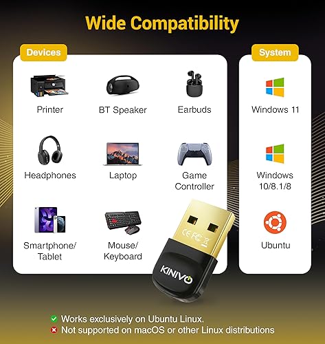 Miniatura 4 de Kinivo USB Bluetooth Adapter for PC (BT6.0, Plug & Play Wireless Dongle Receiver for Ubuntu, Windows 11/10/8.1/8) – Works with Laptop, Headsets,