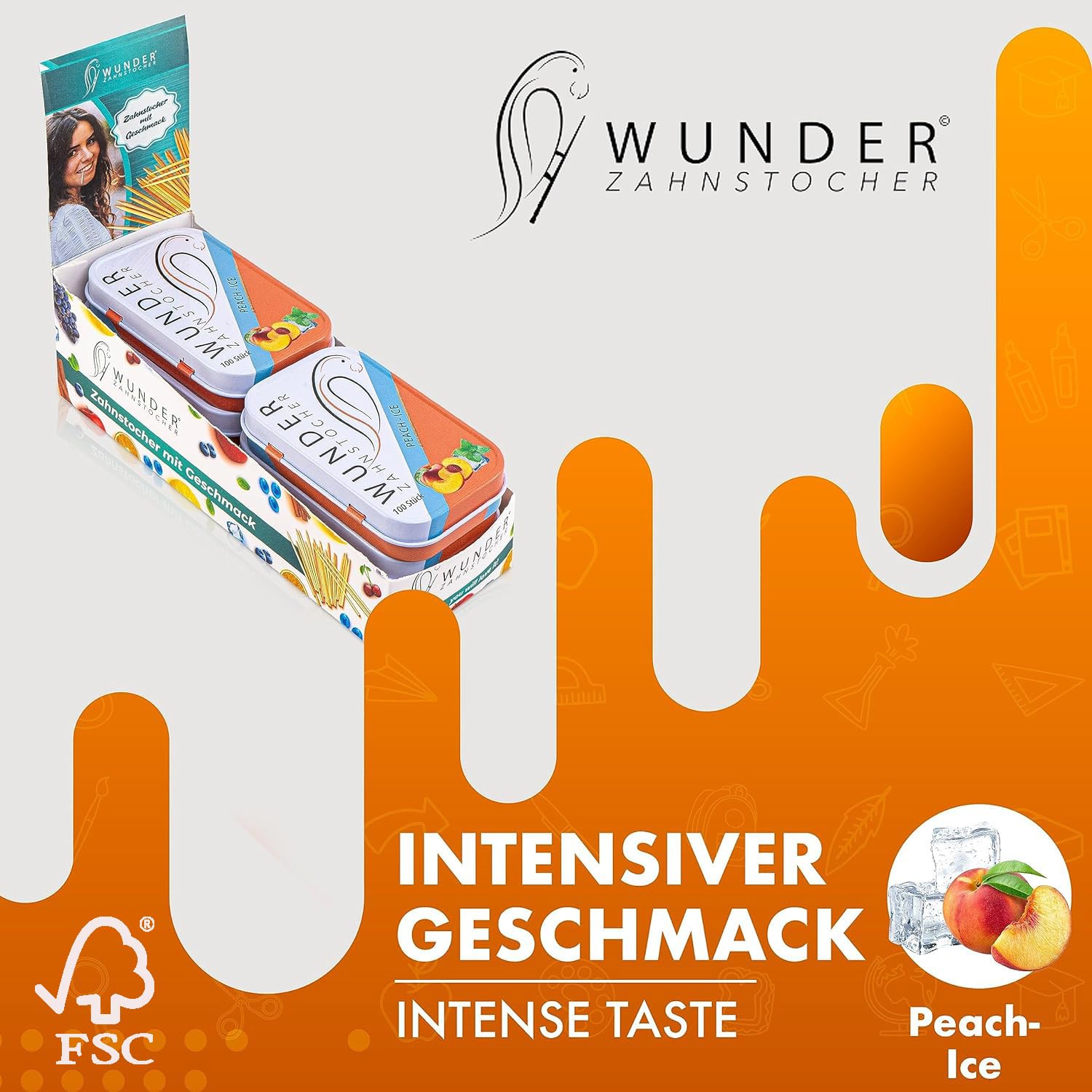 Wunder wykałaczki (6 sztuk) - wykałaczki ze smakiem - świeży oddech - higiena jamy ustnej - Tasty Toothpicks (brzoskwinia/lód)