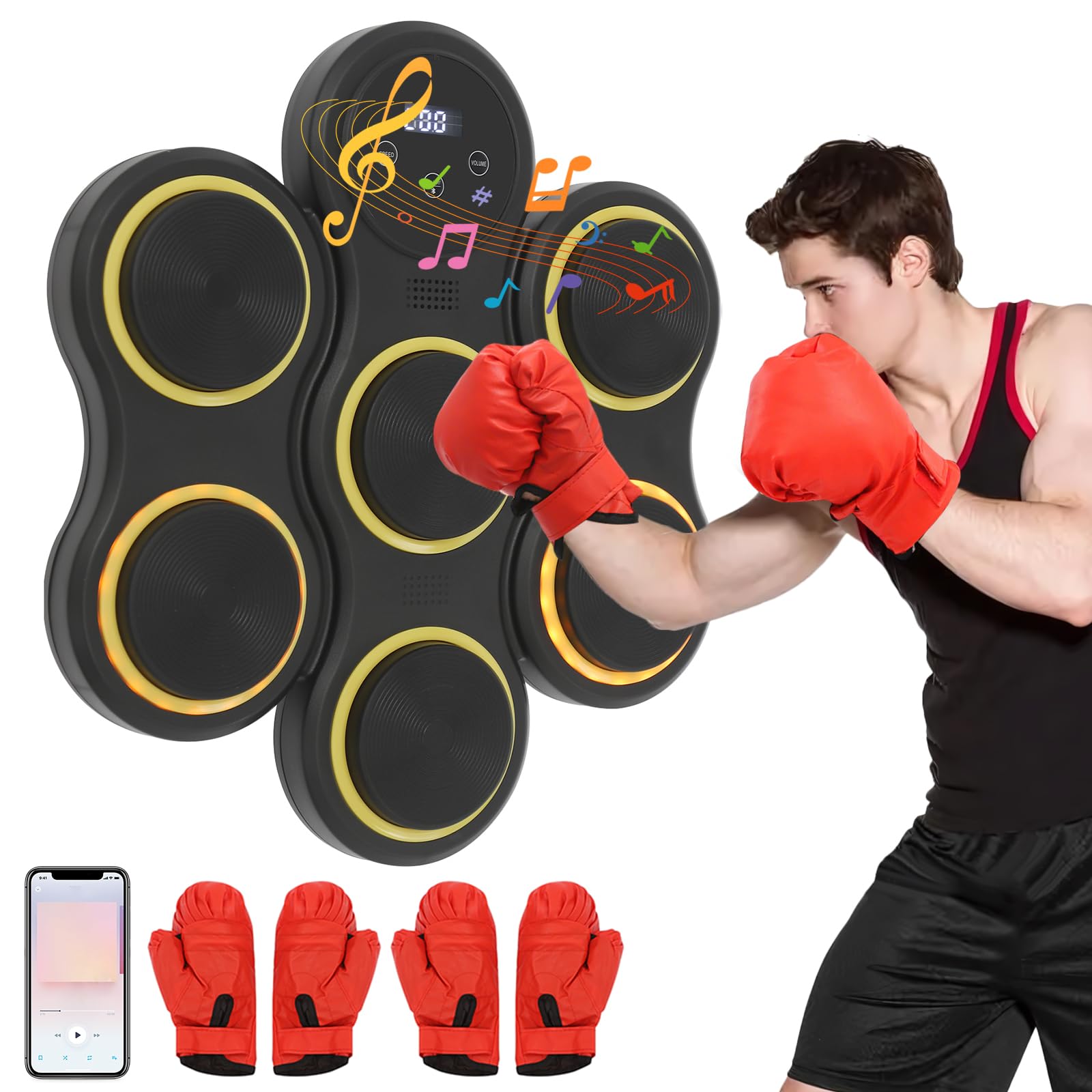 Music Boxing Machine, Macchina elettronica da boxe con musica, 2 paia di guanti da boxe, LED da parete, 9 velocità e modalità di allenamento, modalità conteggio, macchina per adulti e bambini
