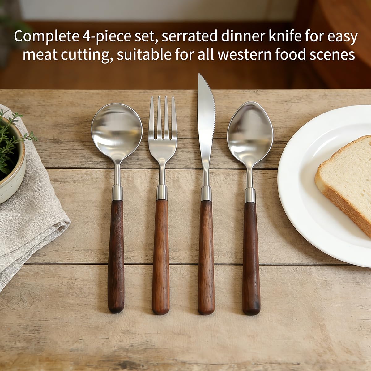 Natural Walnut Wood Handle Silverware Set, Set of 4 Pieces — Amazon image 3