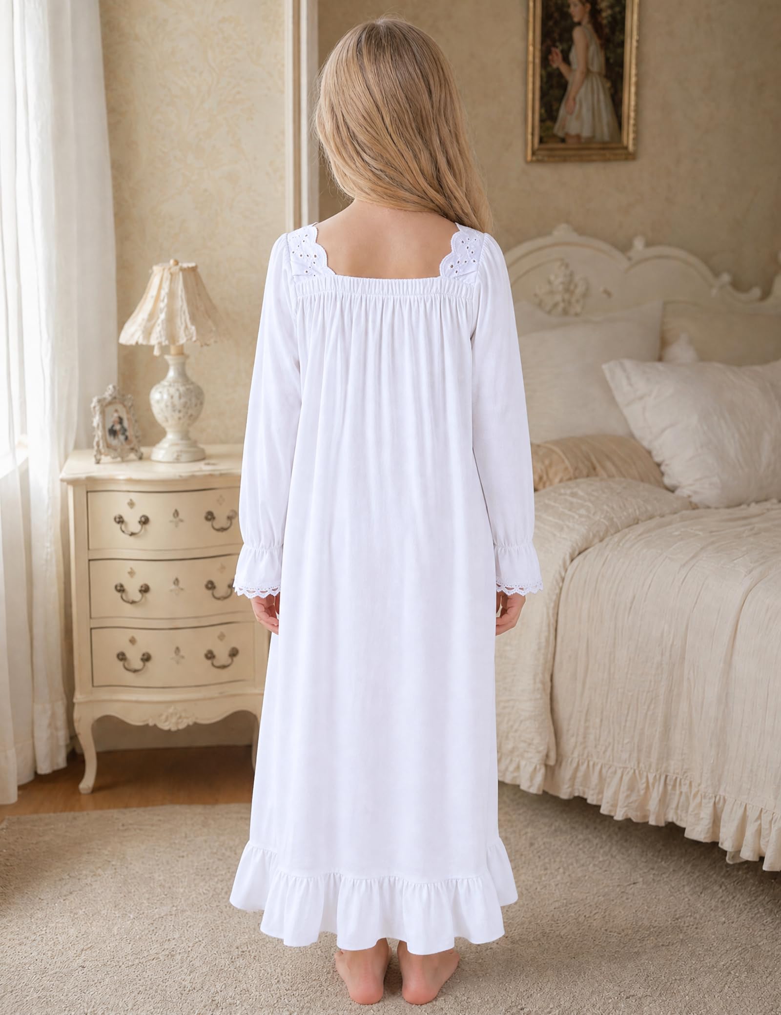 CHUNG Little Big Girls Nuisette en modal à manches longues pour fille de 3 à 12 ans Robe de nuit vintage à col rond et carré
