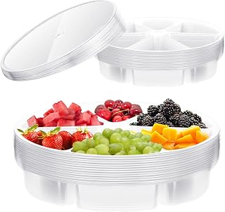 10 Pcs Round Plastic Veggie Serving Tray for Mexican Festival 11.8 Inch 6 Sectional Taco Serving Platter with Lid Food Round Platter Container Fruit Organizer for Party Buffet (Clear)