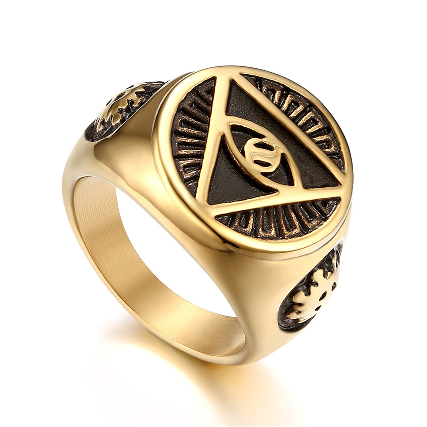 Flongo Anillo de Sello Dorado Anillo de Hombre Acero Inoxidable La Pirámide con El Ojo Que Todo Lo Ve, Anillo Ojo de Horus Egipcio, Regalo Original para Hombre
