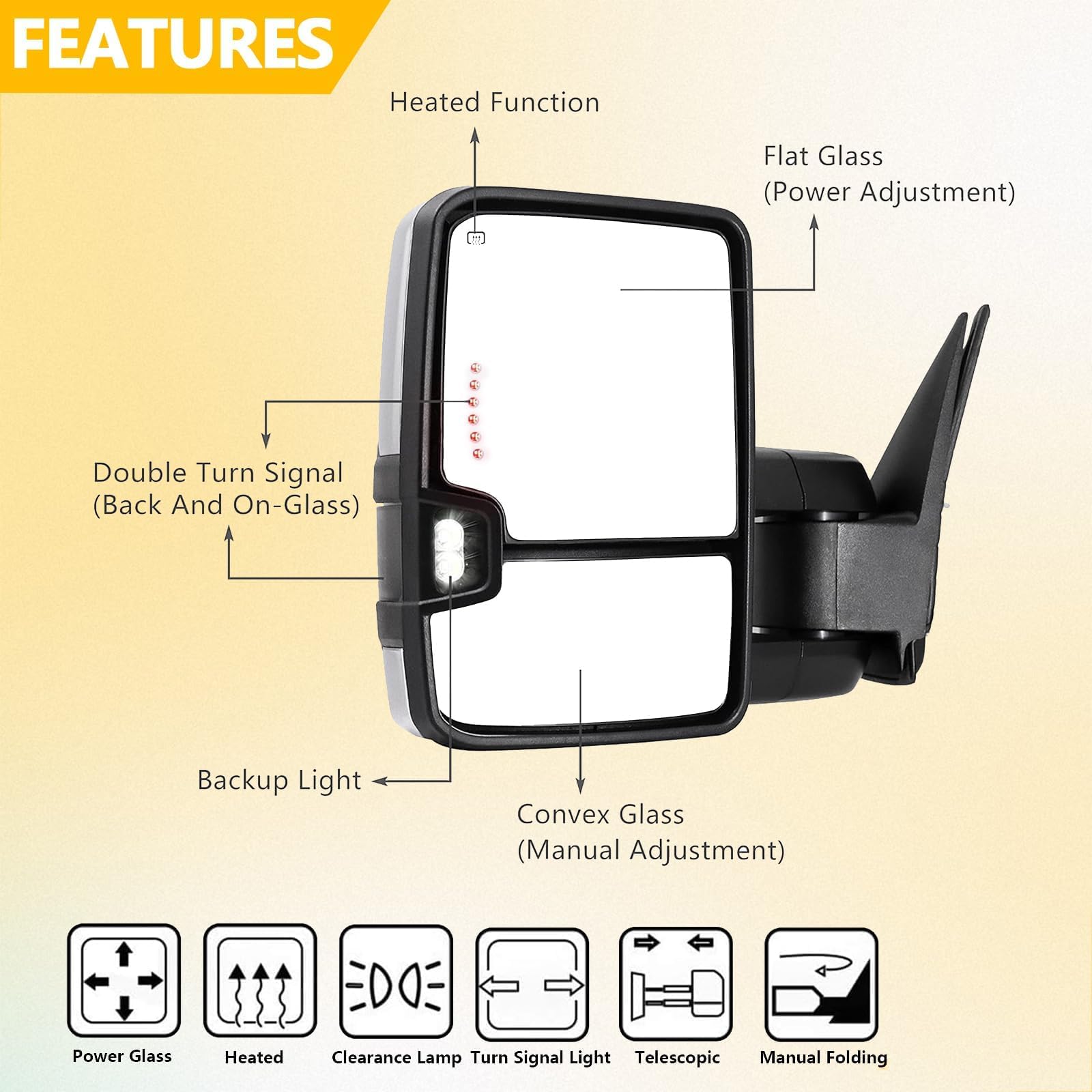 Perfit Zone Towing Mirrors Compatible for 2003-2007 Chevy Silverado Suburban Yukon GMC Sierra 1500 2500 3500 HD Chrome Power Heated LED Arrow Light Smoked Turn Signal Clearance Lamp Pair Set