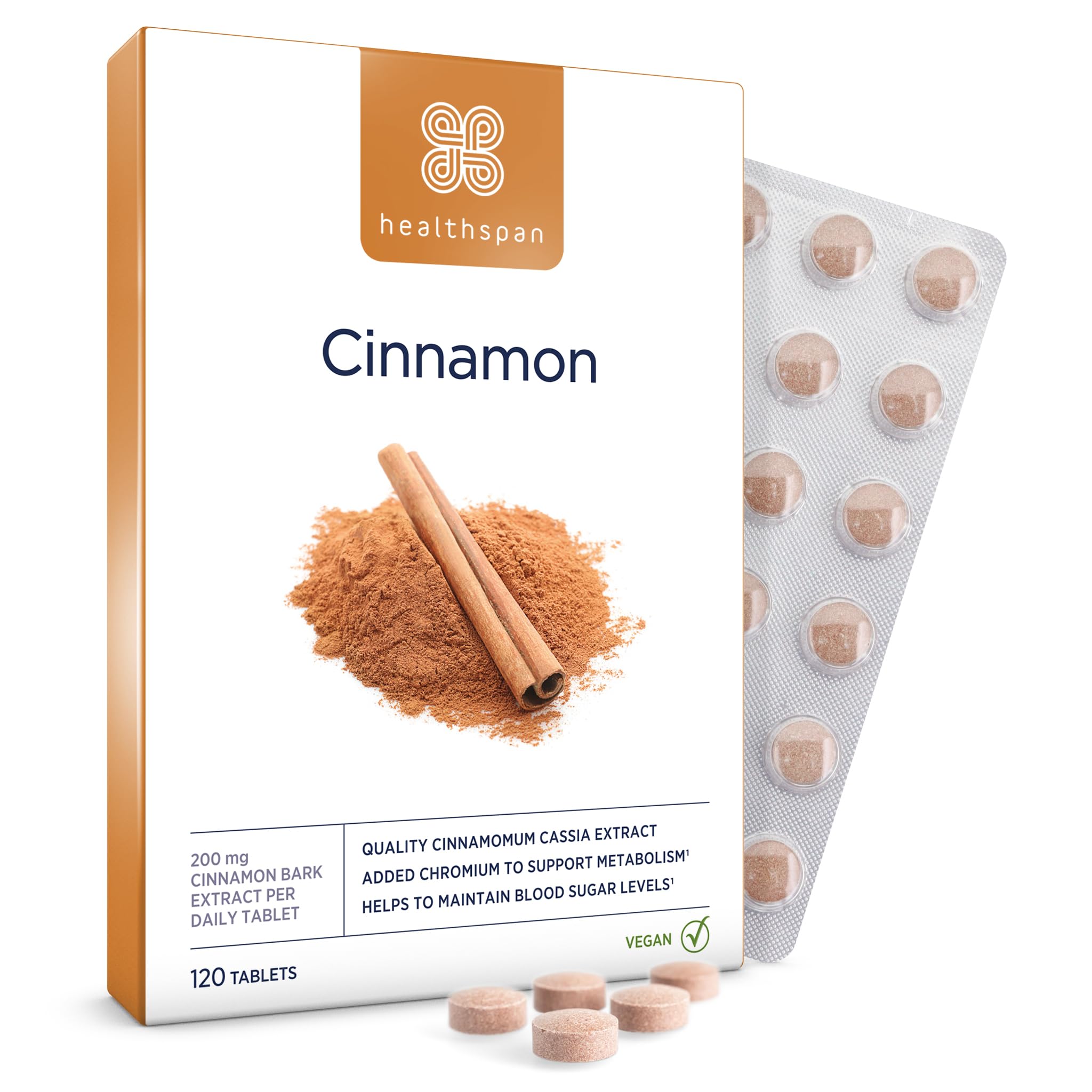 Healthspan Zimt 1.000 mg (120 Tabletten) | Unterstützt den Stoffwechsel | Chrom zur Aufrechterhaltung des Blutzuckerspiegels | Inspiriert von der ayurvedischen Kultur | Vegan