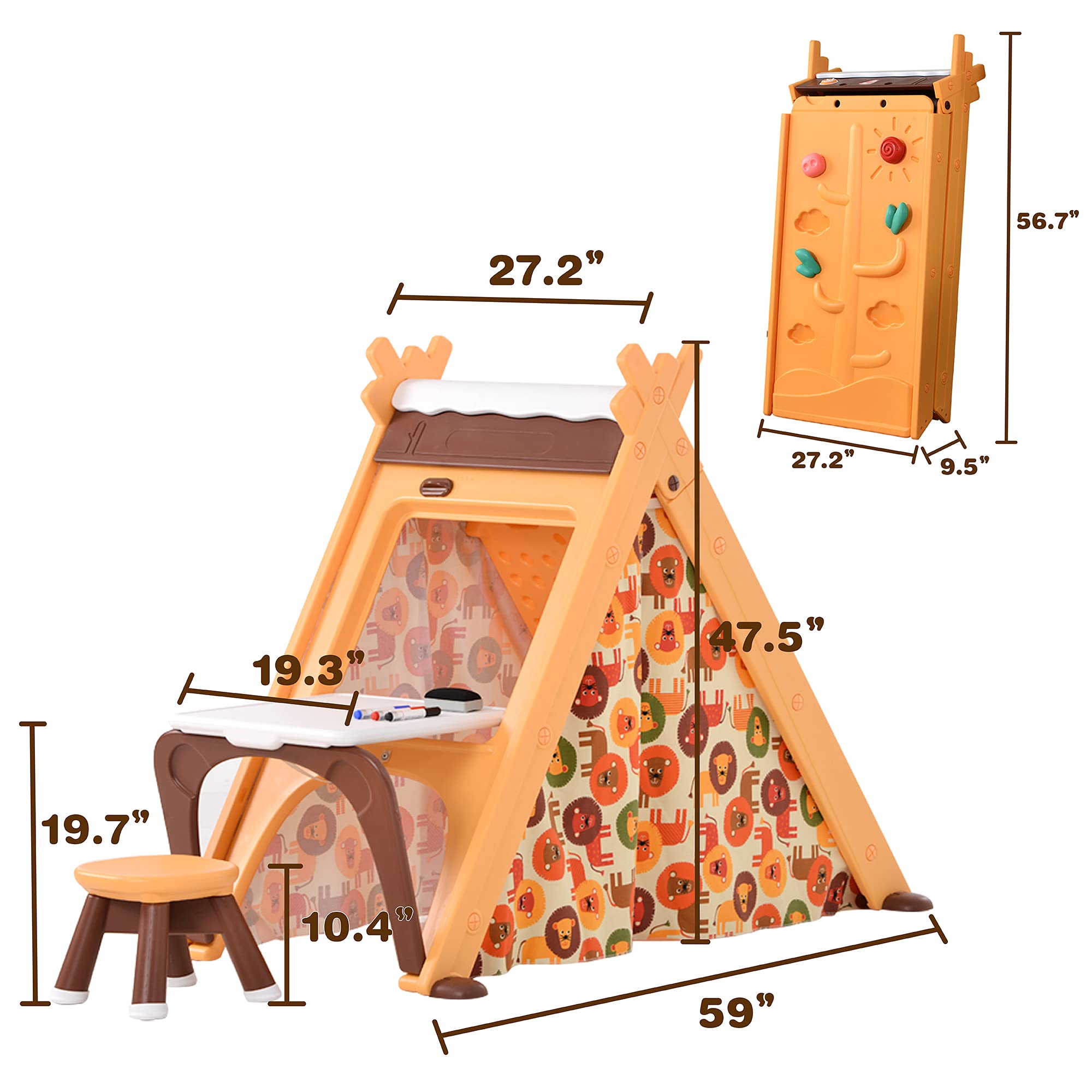 Kids Tent for Boys & Girls - 4 in 1 Teepee Tent with Stool, Climber, Board, Foldable Playhouse Tent Educate Toy (Orange)
