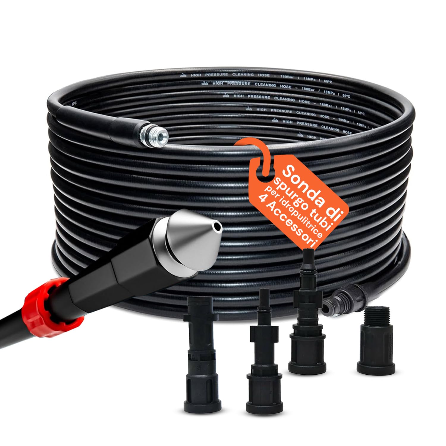 Sonda Sturatubi 15m per Idropulitrice - Tubo Alta Pressione 160 bar di Resistenza, Flessibile, Ugello Autopropellente - Set 4 Adattatori Universali, Scarichi, Condotti e Tubazioni Intasate