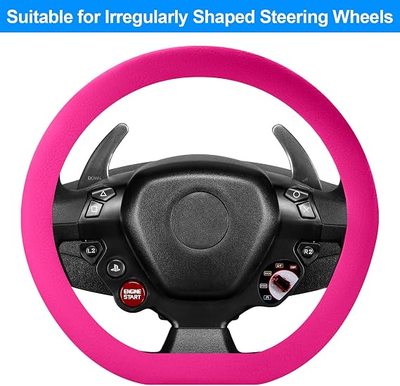 Spurtar Hot Pink Car Steering Wheel Cover Women, Hot Pink Car Accessories Cute Soft Silicone Leather Texture Steering Wheel Protector, Fit Diamenter 15 - 16.5