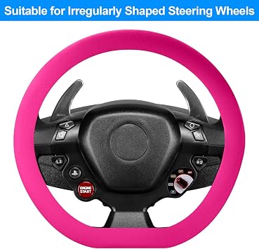 Spurtar Hot Pink Car Steering Wheel Cover Women, Hot Pink Car Accessories Cute Soft Silicone Leather Texture Steering Wheel Protector, Fit Diamenter 15 - 16.5