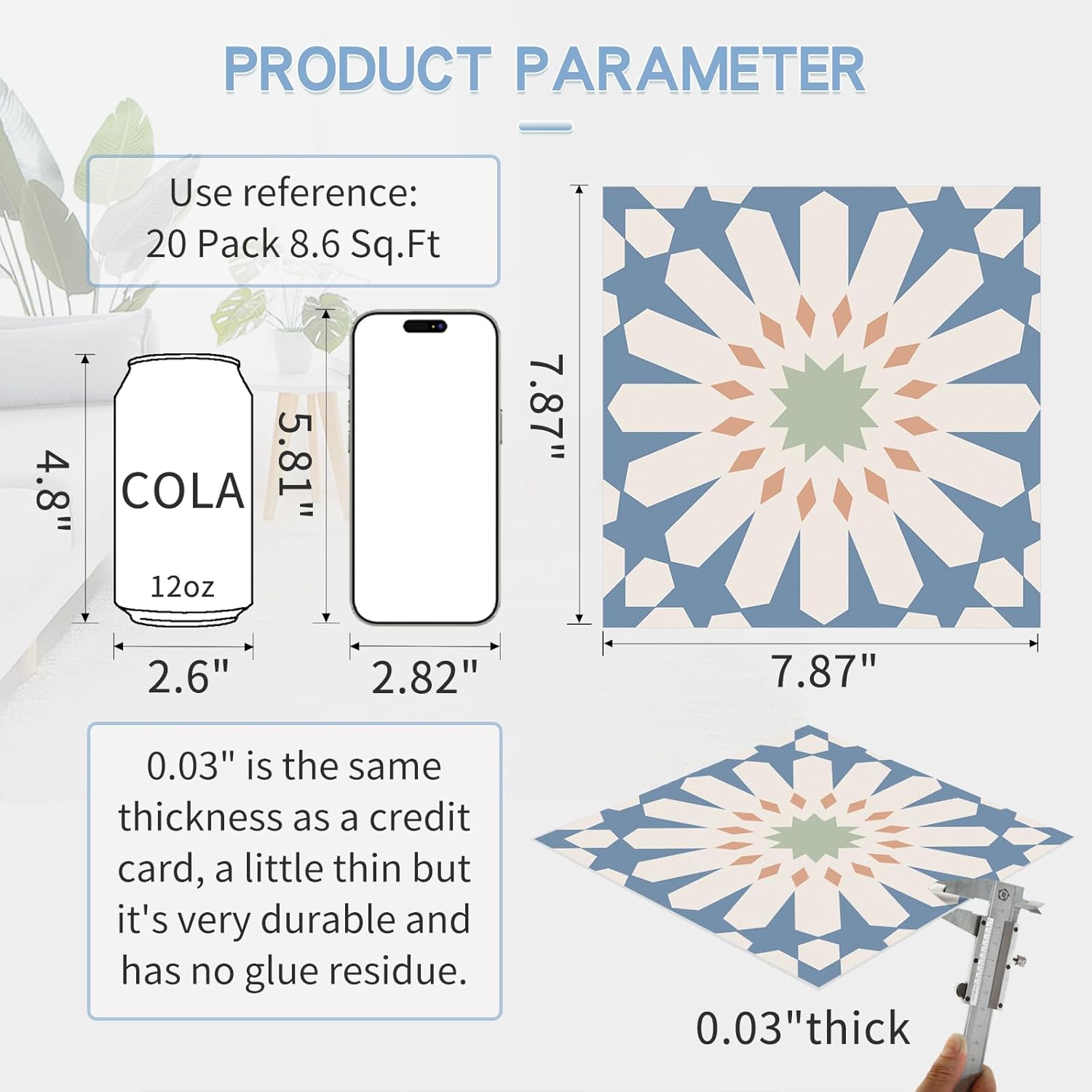 MORCART Peel and Stick Floor Tile - 20 PCS, 7.87 x 7.87 Vinyl Flooring - Waterproof Self-Adhesive Tile Sticker for Wall Backsplashes, Bathroom, Kitchen - Blue and White Floral Look