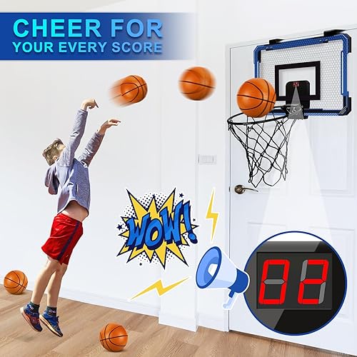 Vista 3 de Juego de aro de baloncesto para interiores para niños, aro de baloncesto para puerta y pared, mini aro con marcador electrónico y 3 bolas, juguete