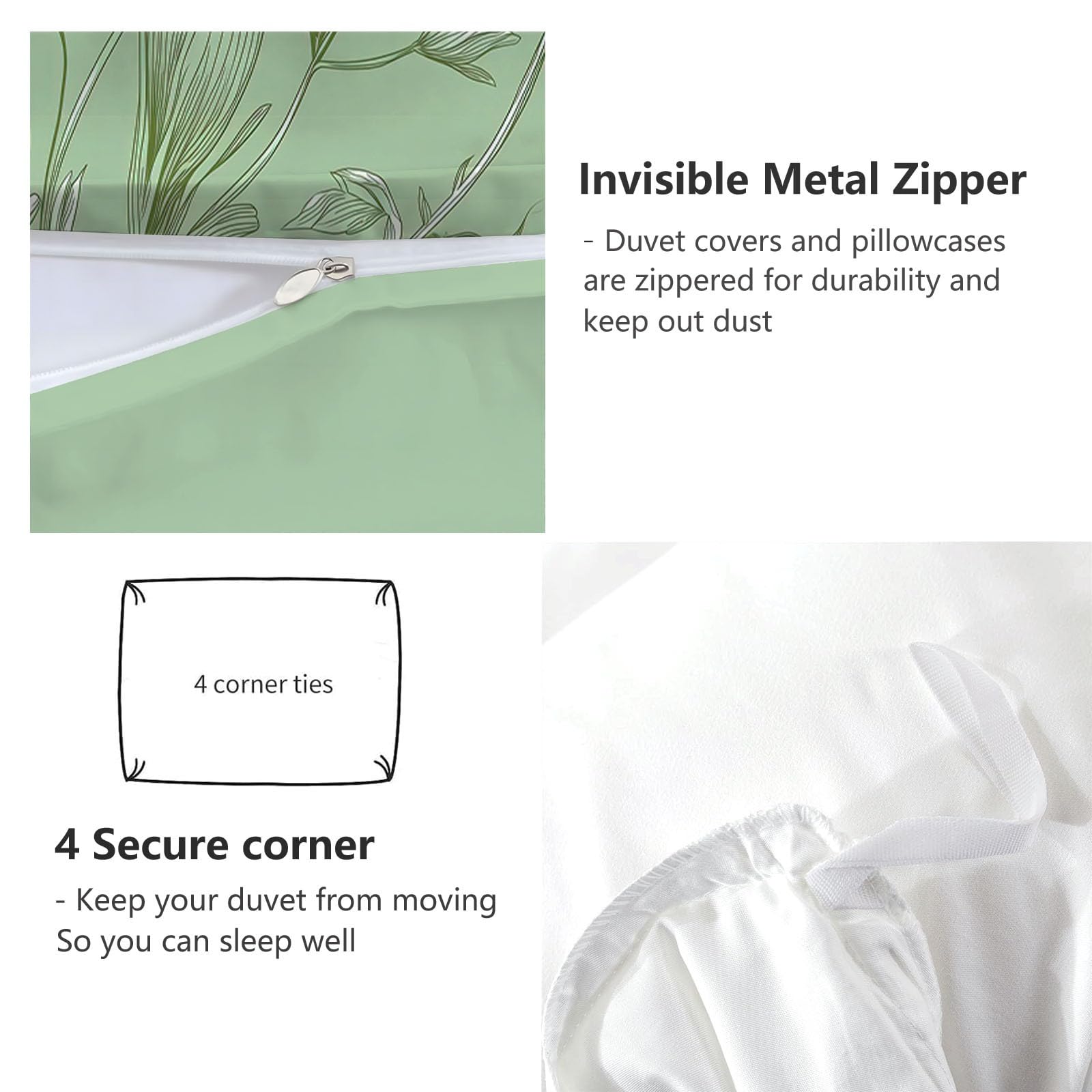 Set copripiumino super king size, in policotone, elegante e delicato, ultra morbido, ipoallergenico, con chiusura a cerniera, verde pallido, 260 x 220 cm