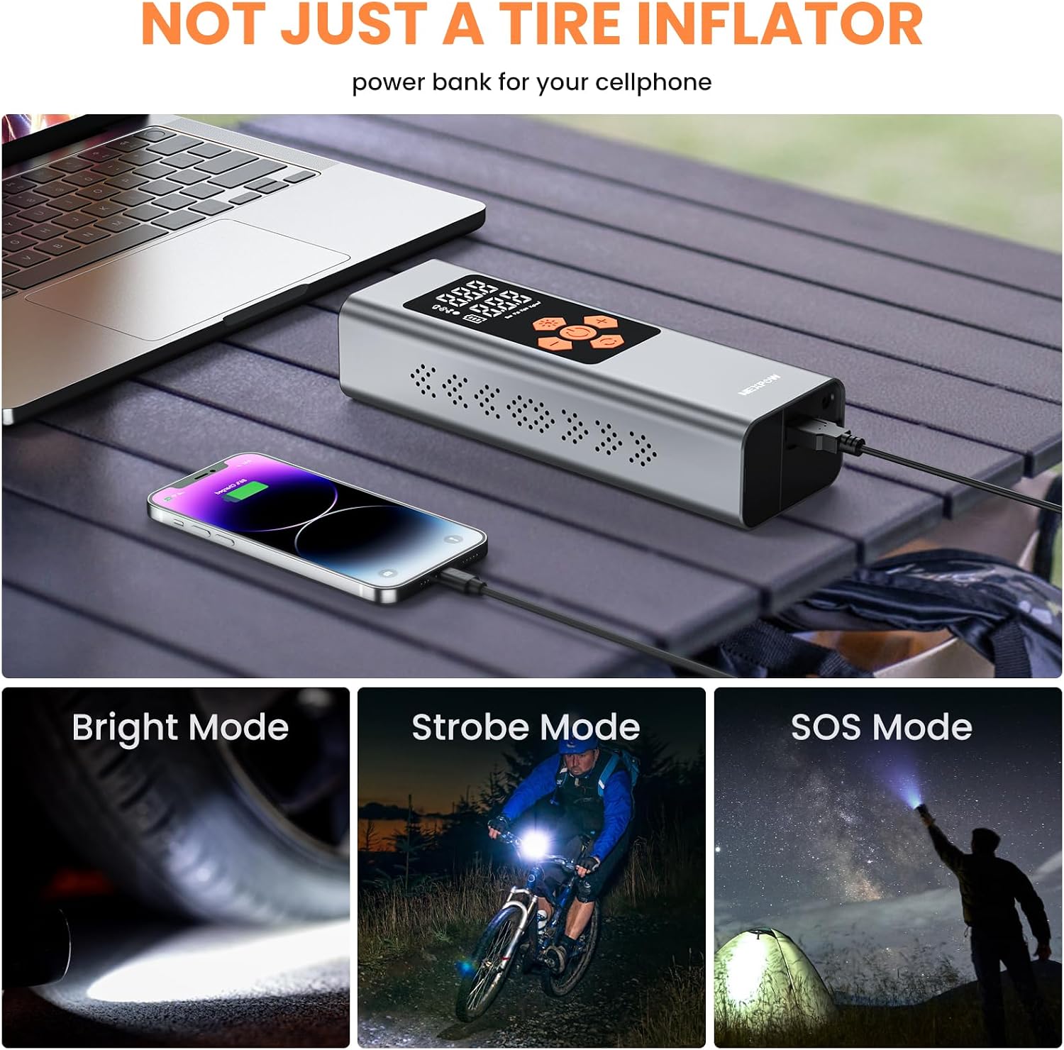 NEXPOW air compressor used as a power bank and demonstrating light modes