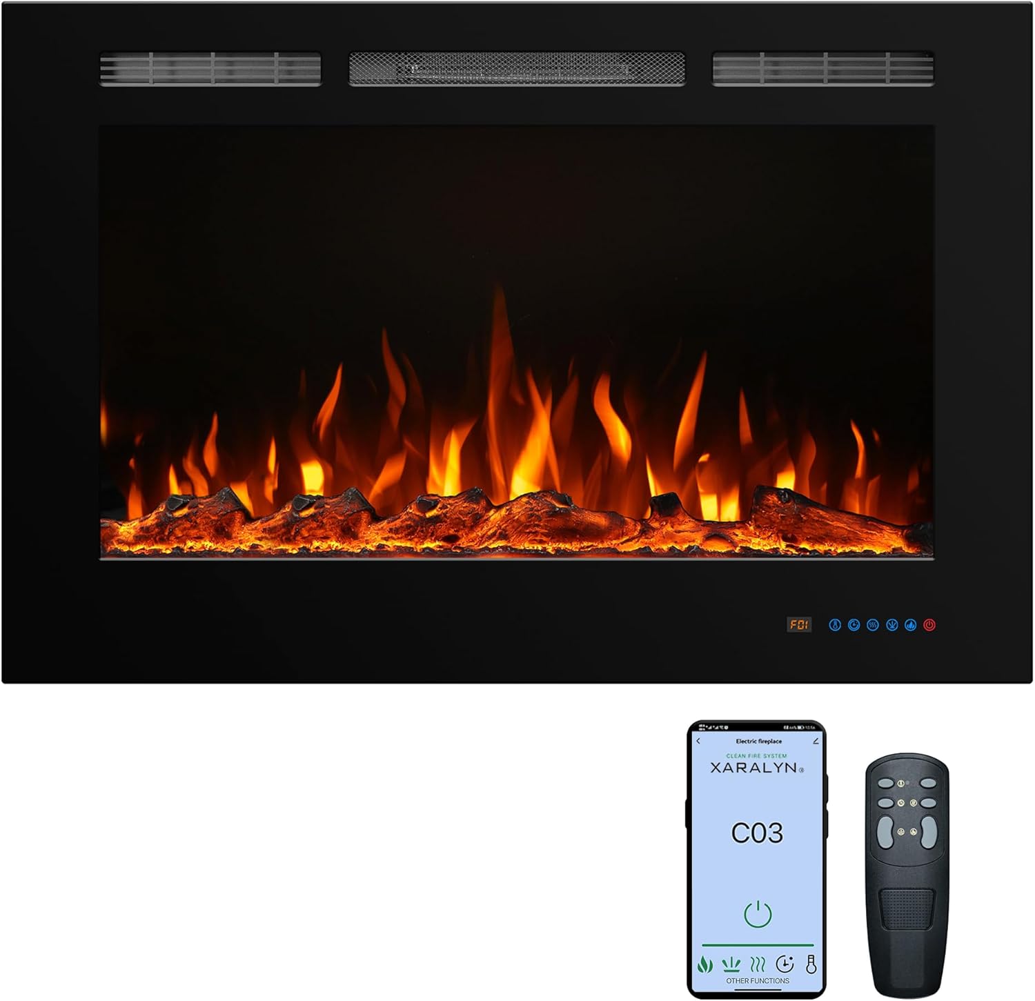 36'' Smart Electric Fireplace Inserts, Recessed & Wall Mount Electric Heater and Linear Fireplace with APP& Touch Screen &Remote Control, 62-99°F Temperature, Hard Wired & Plug in