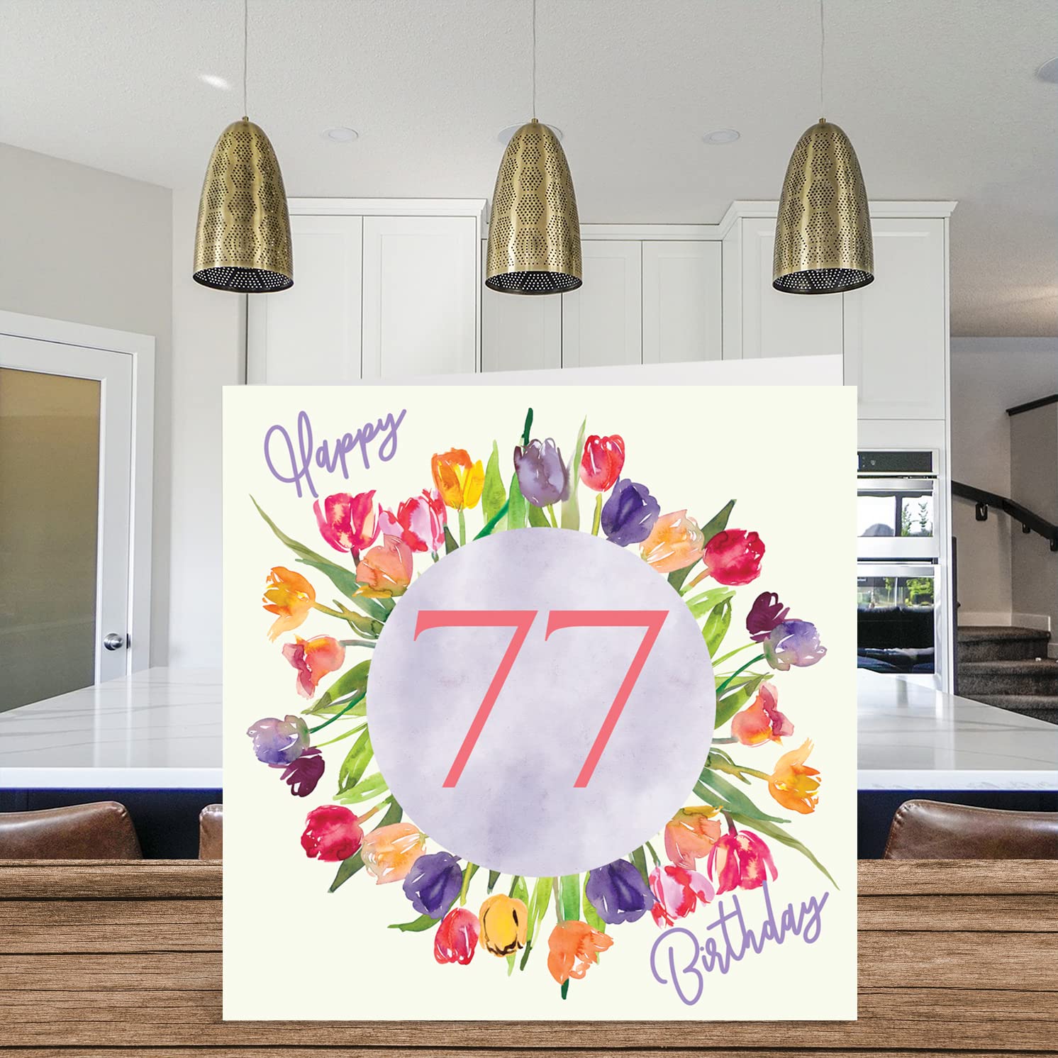 Stuff4 Biglietto di auguri per il 77° compleanno, da donna, con palloncini glitterati rosa e viola, biglietti di auguri per 77 anni, mamma, nonna, nonna, nonna, nonna, 145 mm x 145 mm