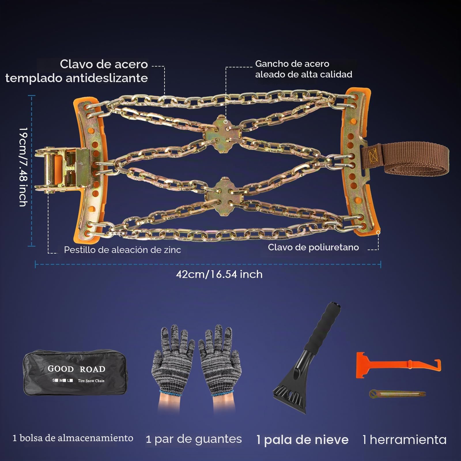 Cadenas de Nieve 4 Piezas Ajustables y Resistentes Con Pala de Nieve de Plástico y Guantes - Para Coches, Camiones, SUV - Ancho 165-265 mm