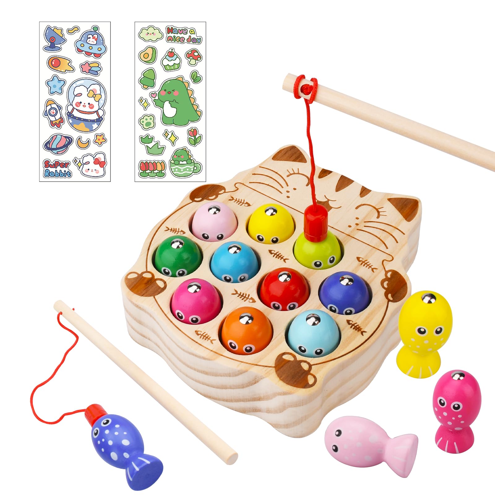 UCAMP Giochi Montessori,Magnetici di Pesca Giocattoli,2 Anni Legno Educativo Giocattoli,2 in 1 Giochi Magnetici di Pesca in Legno,Compleanno Regalo per 2 3 4 Anni Bambini Ragazzi