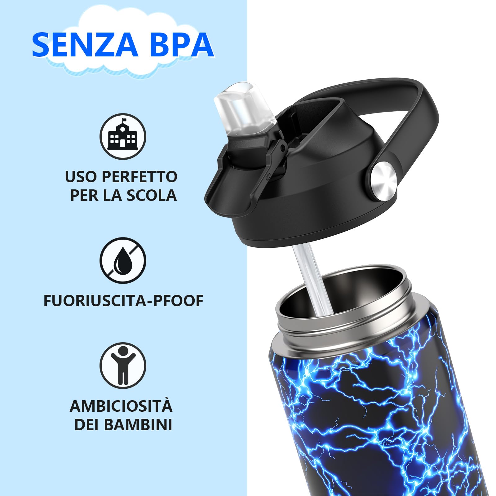 Borraccia Termica Bambini, In Acciaio Inox,550 Ml, Senza Bpa,bottiglia Acqua Con Cannuccia A Prova Di Perdite, Per Sport,Scuola palestra（Fulmine）