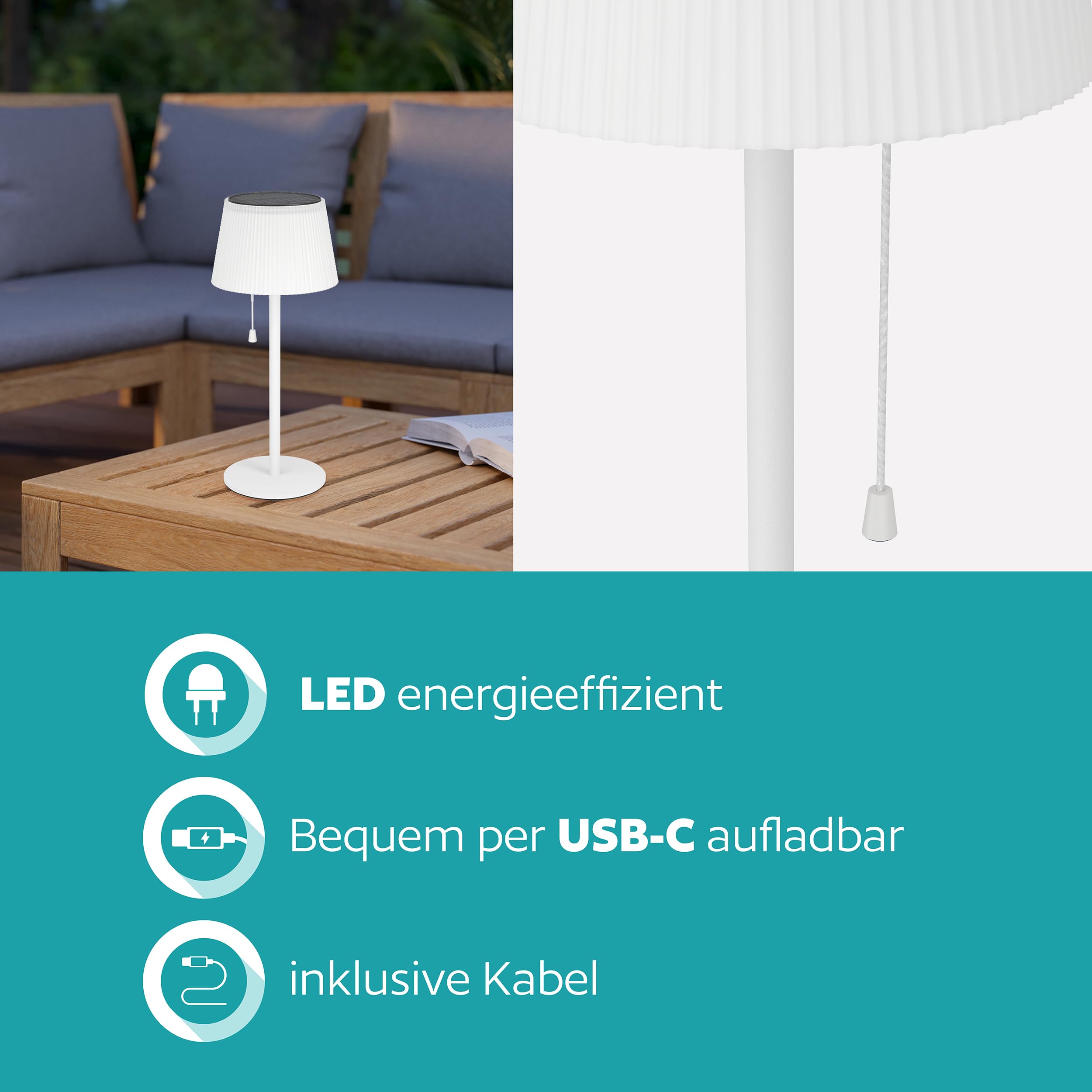EGLO Solar Tischleuchte Scordiano, Outdoor Akku Tischlampe mit Zugschalter, kabellose Solarlampe für außen, Stahl und Kunststoff in Weiß, warmweiß - kaltweiß, IP44