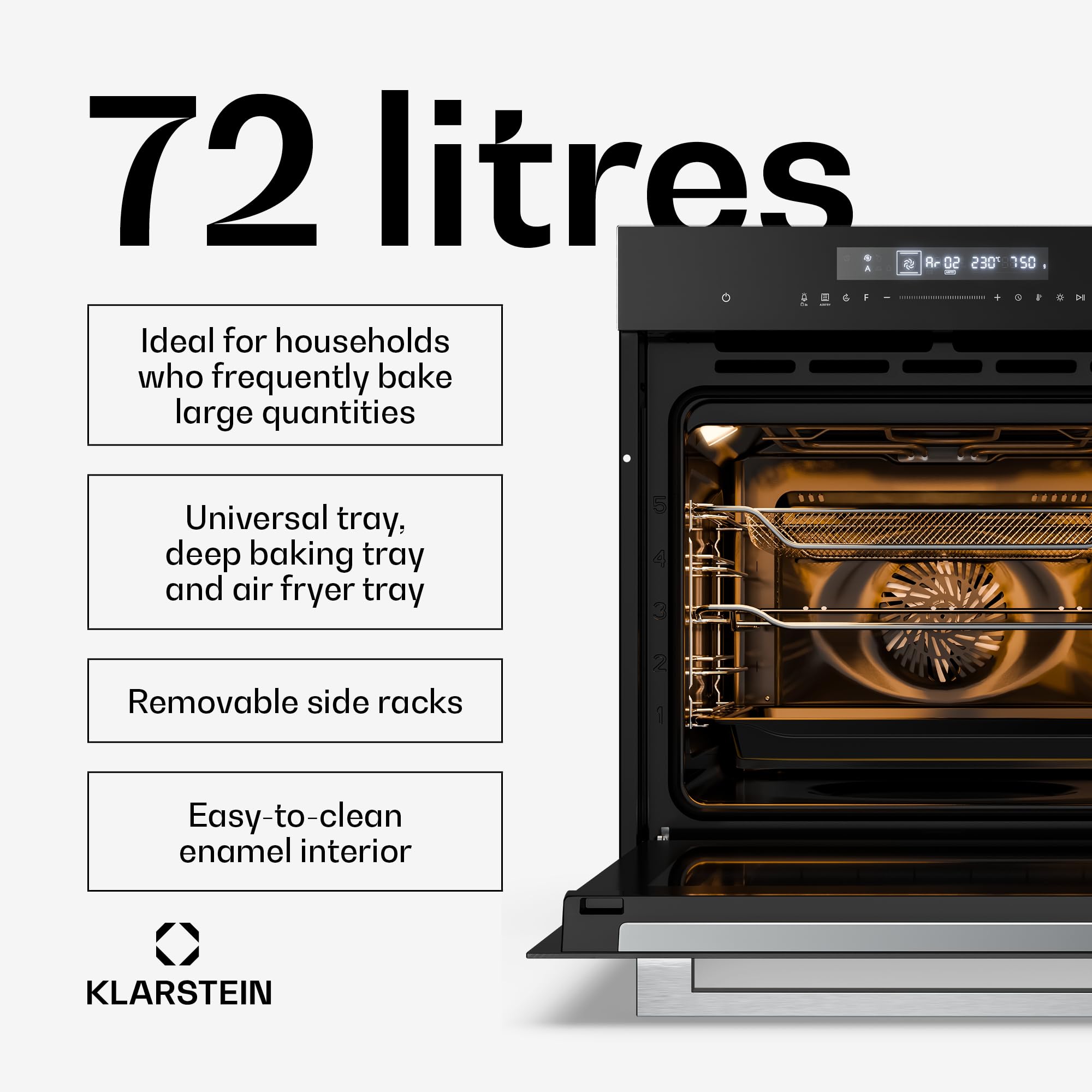 Klarstein Airjet piekarnik do zabudowy 60 cm - 72L, 13 trybów, funkcja Airfryer, sterowanie dotykowe, klasa energetyczna A++, emalia, timer, blokada rodzicielska, urządzenie do zabudowy, czarny