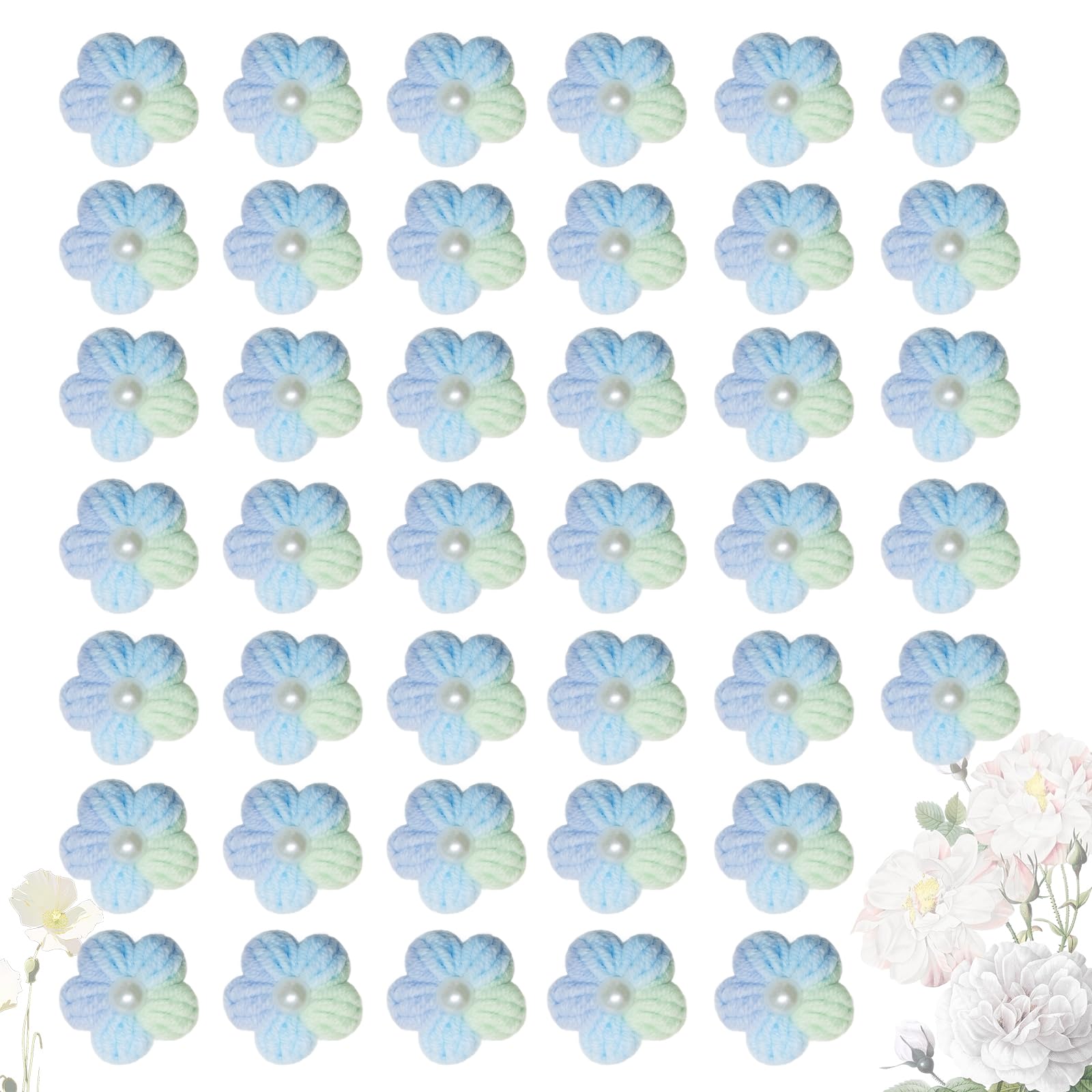 Jtnohx Knitted Flower Patches，Crochet Flowers Applique，40pcs Handmade Floral Sew on Patches，2cm DIY Appliques Embellishments with Pearl, Crochet Floral for Crafts,Sew Accessories(Purple/Green/Blue