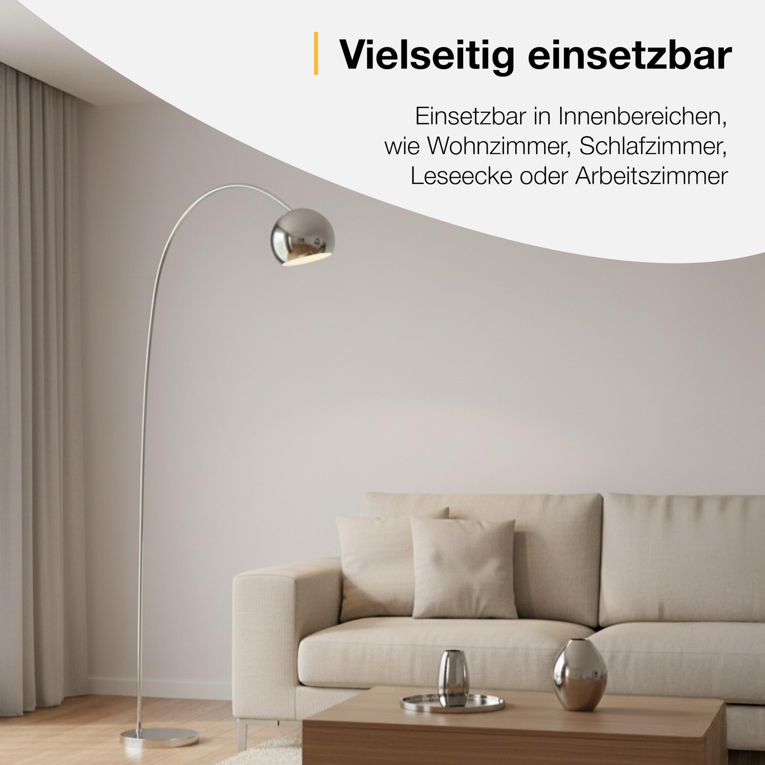 Brilliant Bogen-Stehleuchte Helen, E27 Fassung, 170 cm Höhe, 23 cm Breite, 51 cm Tiefe, gebogener Arm, Metall, chromfarben, ideal für Wohnzimmer, Leseecke, modernes elegantes Design