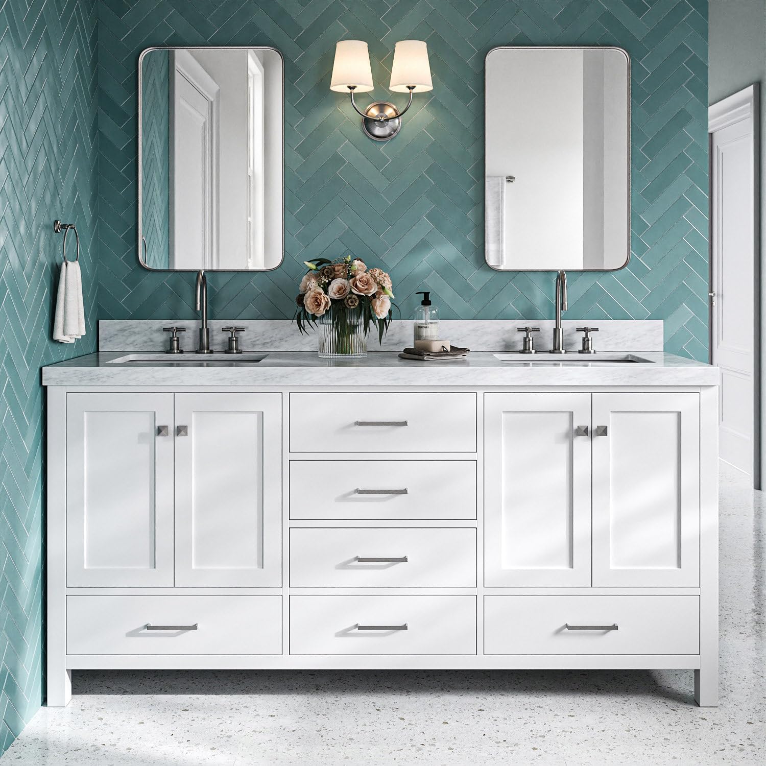 DKB Beckford 72" White Double Bathroom Vanity with Sink, 2" Edge Italian Carrara Marble Countertop, Rectangular Undermount Sinks, 4 Soft Closing Doors, 6 Dovetail Drawers, Brushed Nickel