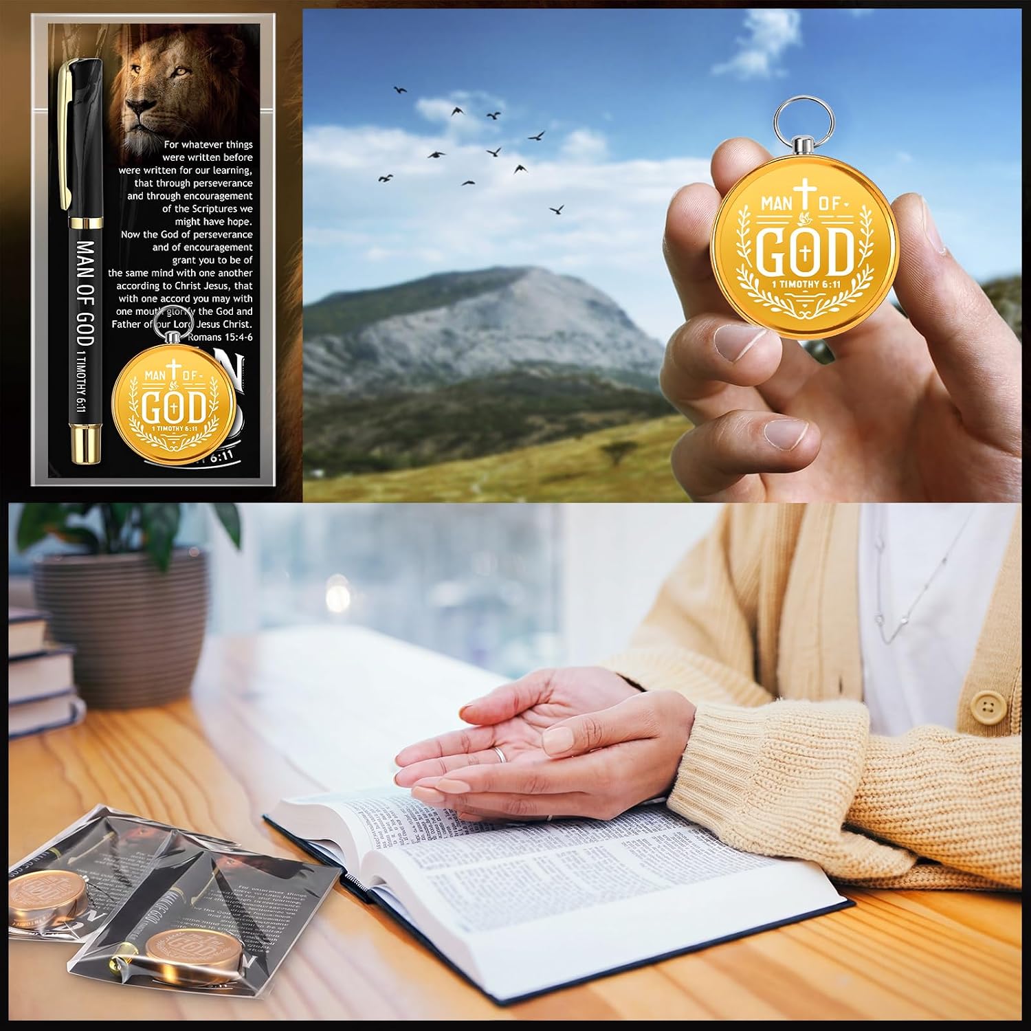 Sayglossy 36 Sets Christian Fathers Day Church Gifts Bulk Include Mini Compass Man of God Ballpoint Pens Cards Bags, Father's Day Religious Gifts for Men Dad Godfather Church Pastors Clergy (Gold)
