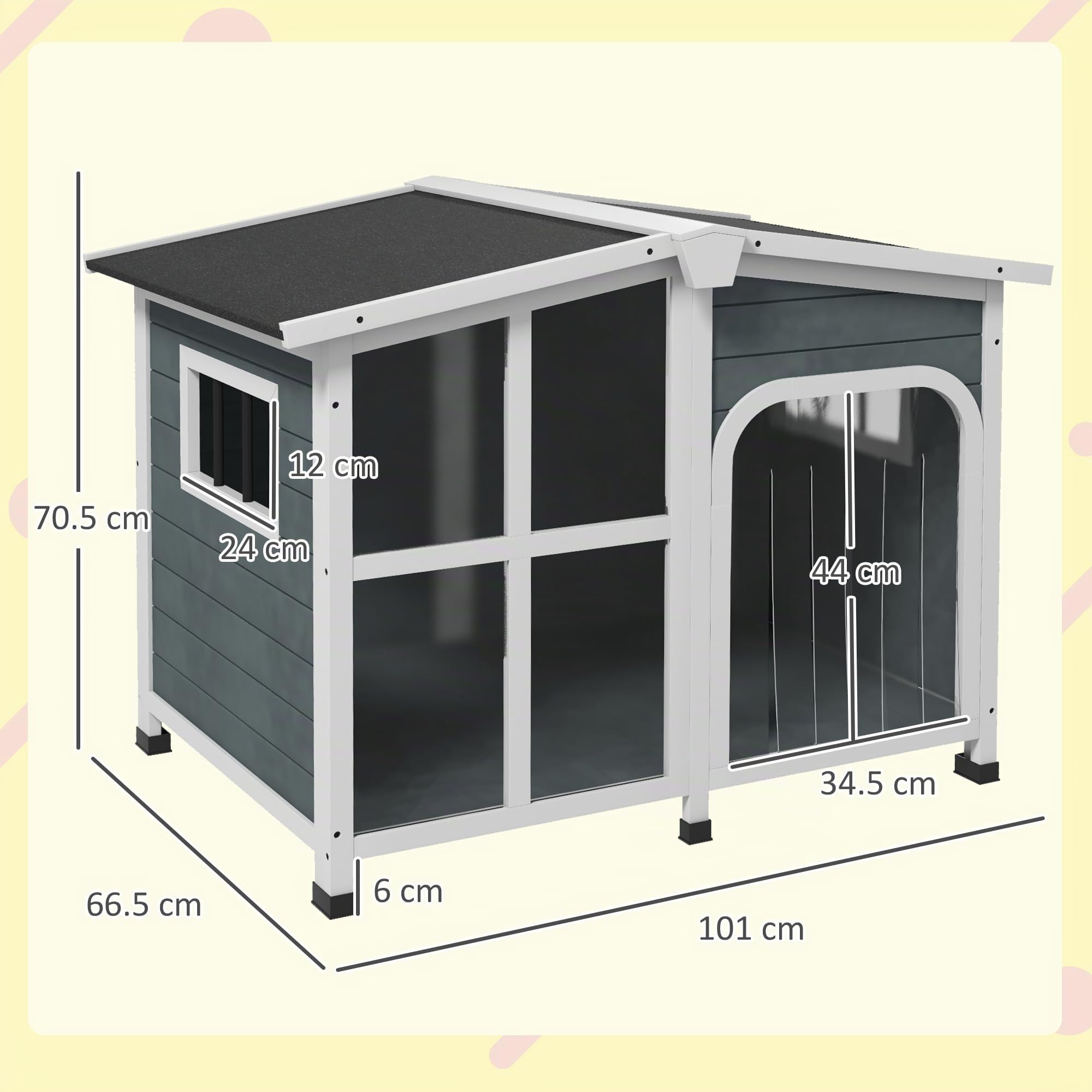 PawHut Außen-Holzhundehaus 101x66,5x70,5cm dunkelgrau | Hundehaus für mittelgroße Hunde bis 20 kg, Schutzdach, Fenster, öffenbares Dach