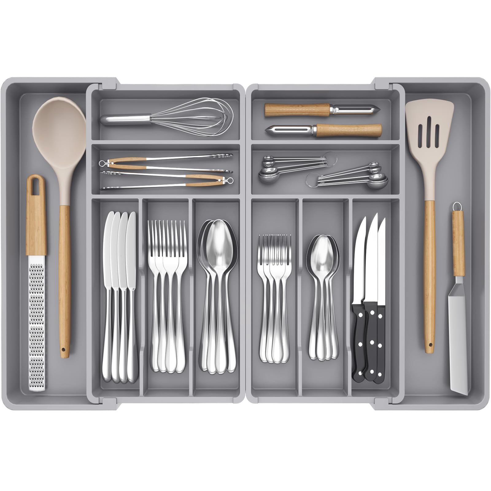 Lifewit Bandeja Grande para Cubiertos Cajon, Ancho de 46 a 70 cm, Organizador Vajilla Extensible de Cocina, Profundidad de 42,4 cm, Extraíble Separador Talheres, Porta de Utensilios/Cucharas, Gris