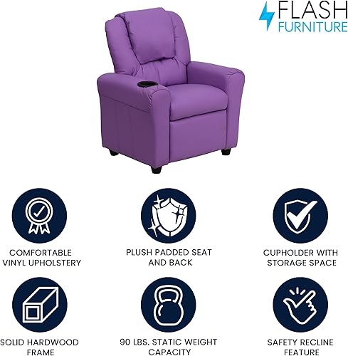 Miniatura 3 de Flash Furniture - Sillón reclinable contemporáneo para niños, color beige vinilo con base para vasos y reposacabezas Vinilo Lavanda,Vinilo