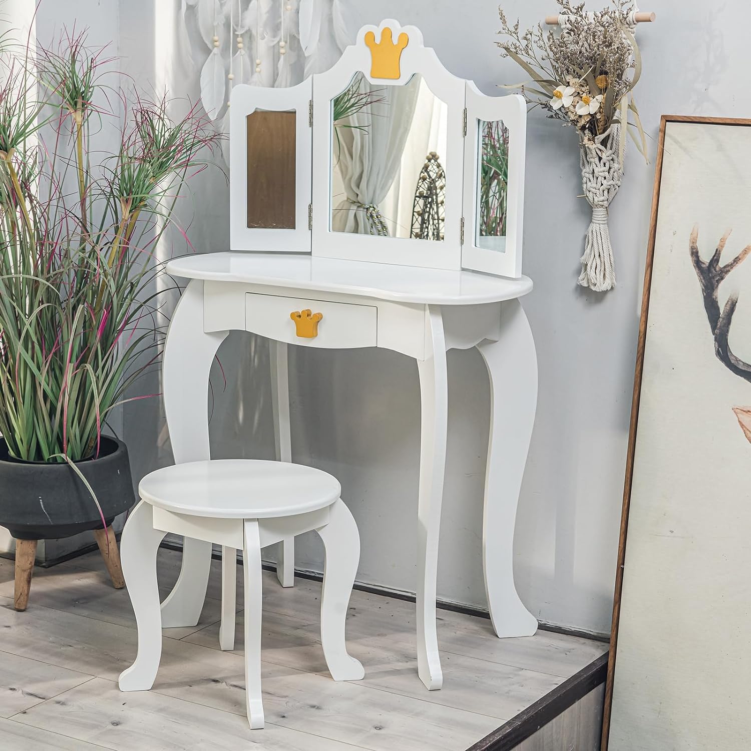 GarveeHomeKids Vanity, Girls Vanity Table with Tri-Folding Mirror,Stool  Drawer, in Wooden Princess Makeup Desk Dressing Table, Toddler