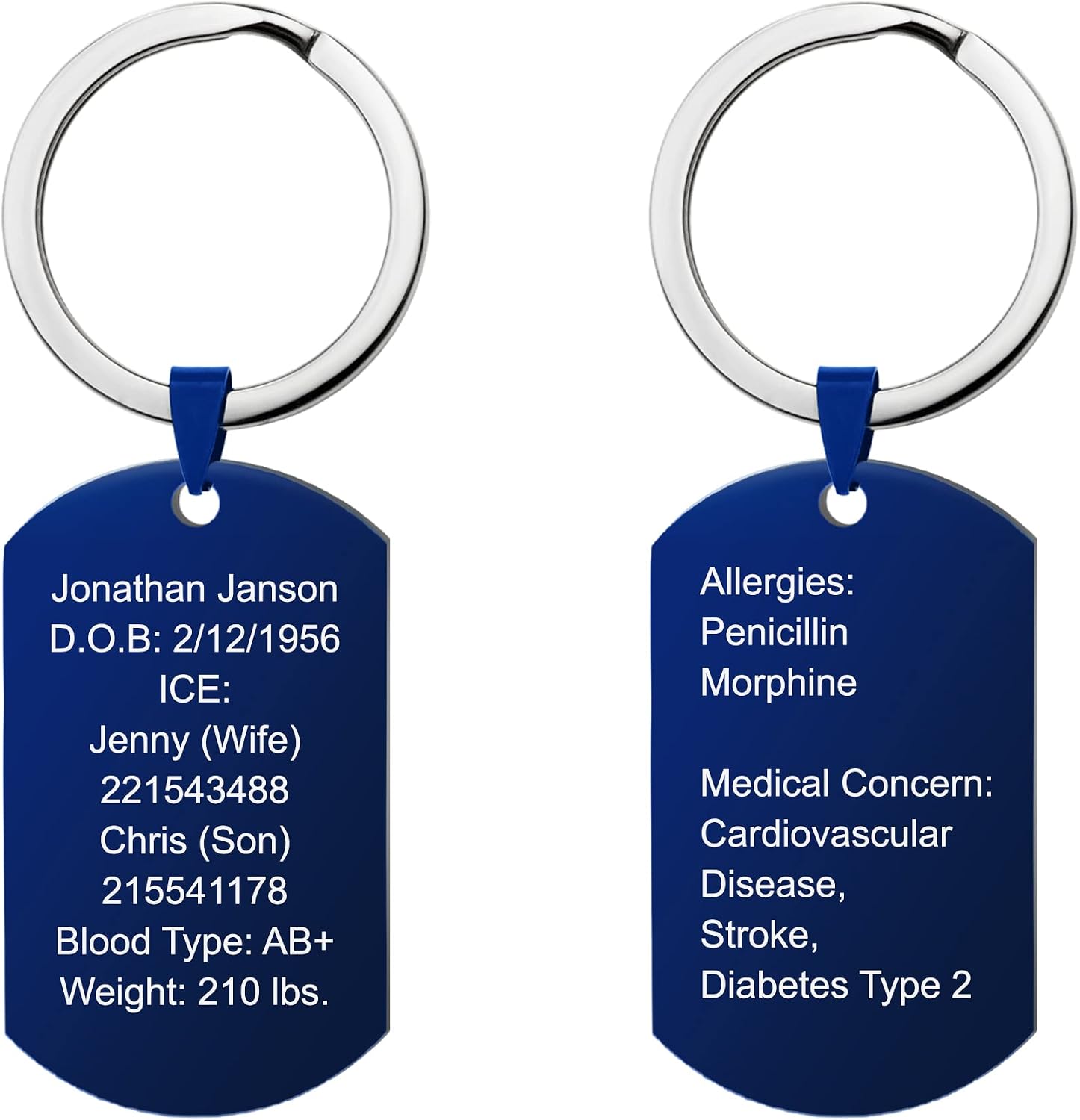 Qina C. Personalized Medical Alert Id Med Emergency Engraved Custom Dog Tag Military Pendant Keychain