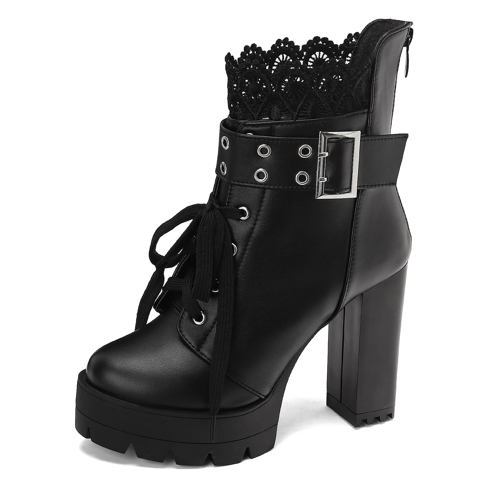 MEOTINA High Heel Boots for Women Black Heeled Chunky Heel Boot Platform Goth Shoes Lace Up Ankle Booties