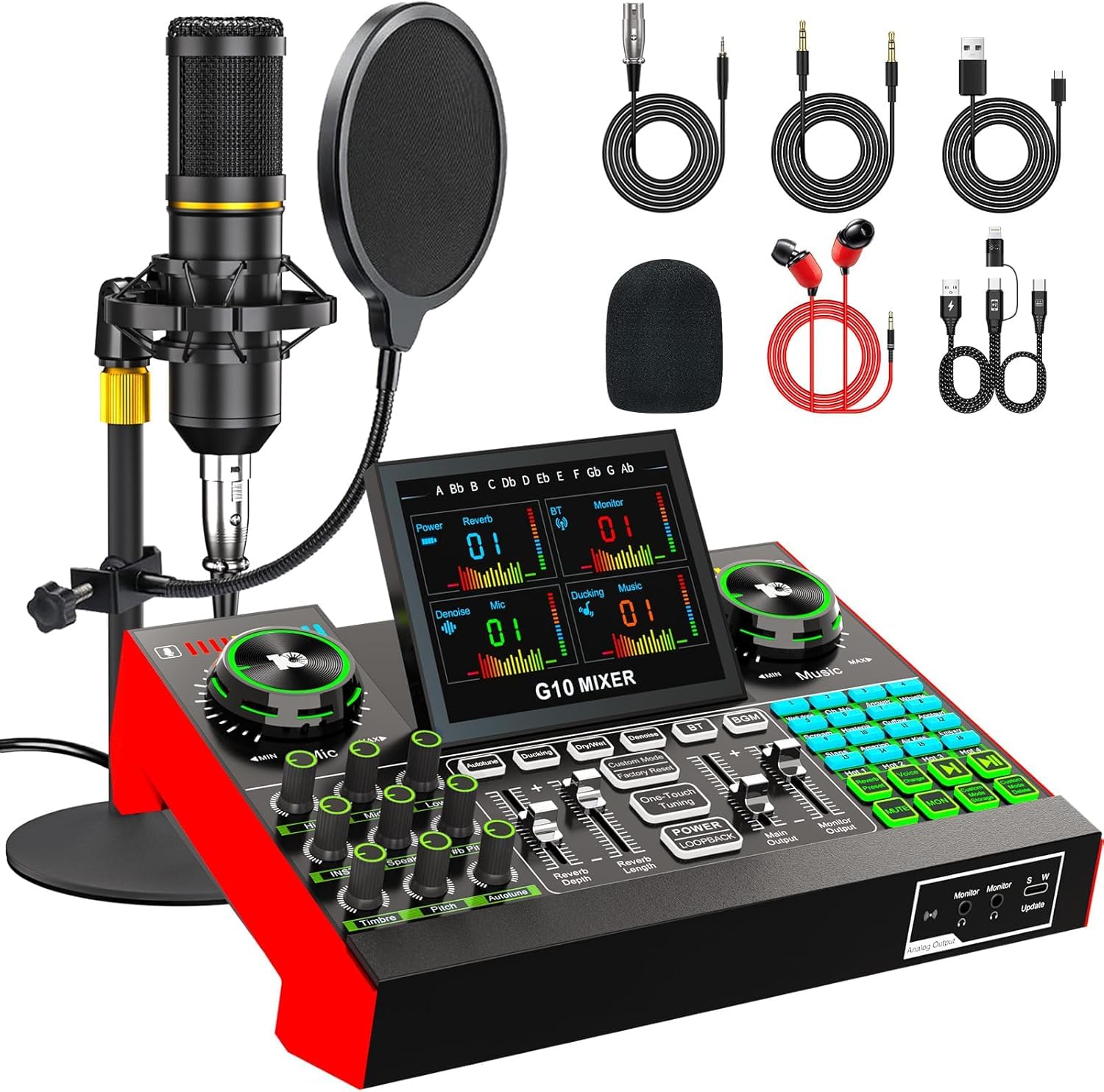 Podcast - Set di microfoni per live streaming, scheda audio con mixer interfaccia audio con microfono a condensatore da 3,5 mm per casting ampio con cambio vocale Denoise, set di apparecchiature per
