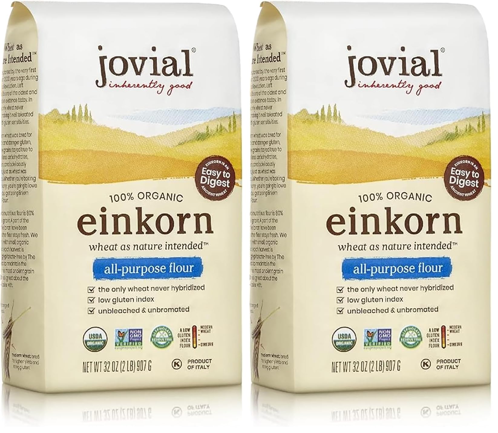 Jovial Einkorn 100% Organic Einkorn All Purpose Flour - Baking Flour, High Protein, Non-GMO, USDA Certified Organic, Product of Italy - 32 Oz, 2 Pack