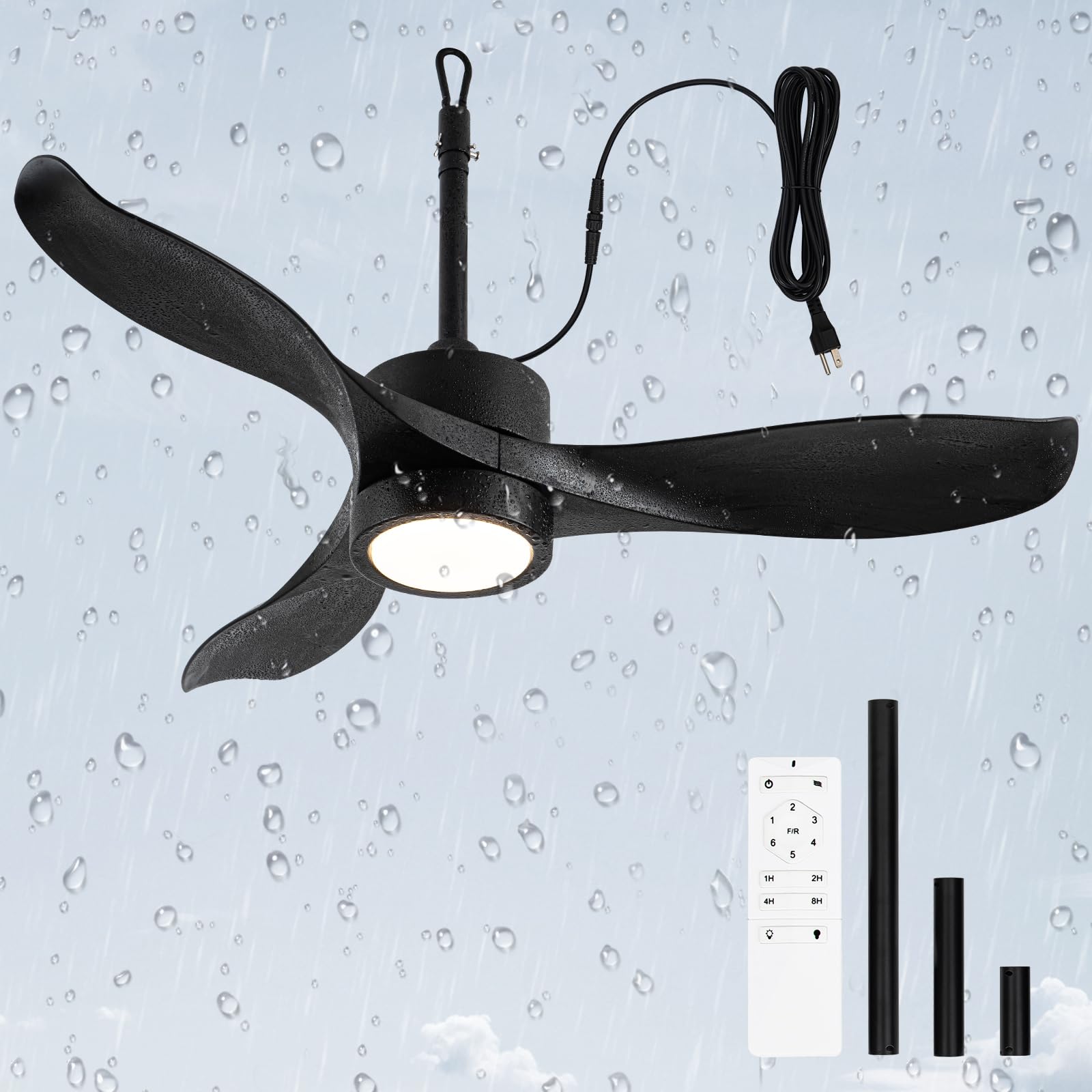 TIFEROR 42" Outdoor Ceiling Fan with Light and Remote, IP65 Waterproof Ceiling Fan for patios, Plug In with Hanging and Hook, 3-Colors LED, Lighting for Pergola, Canopy, Porch, Gazebo