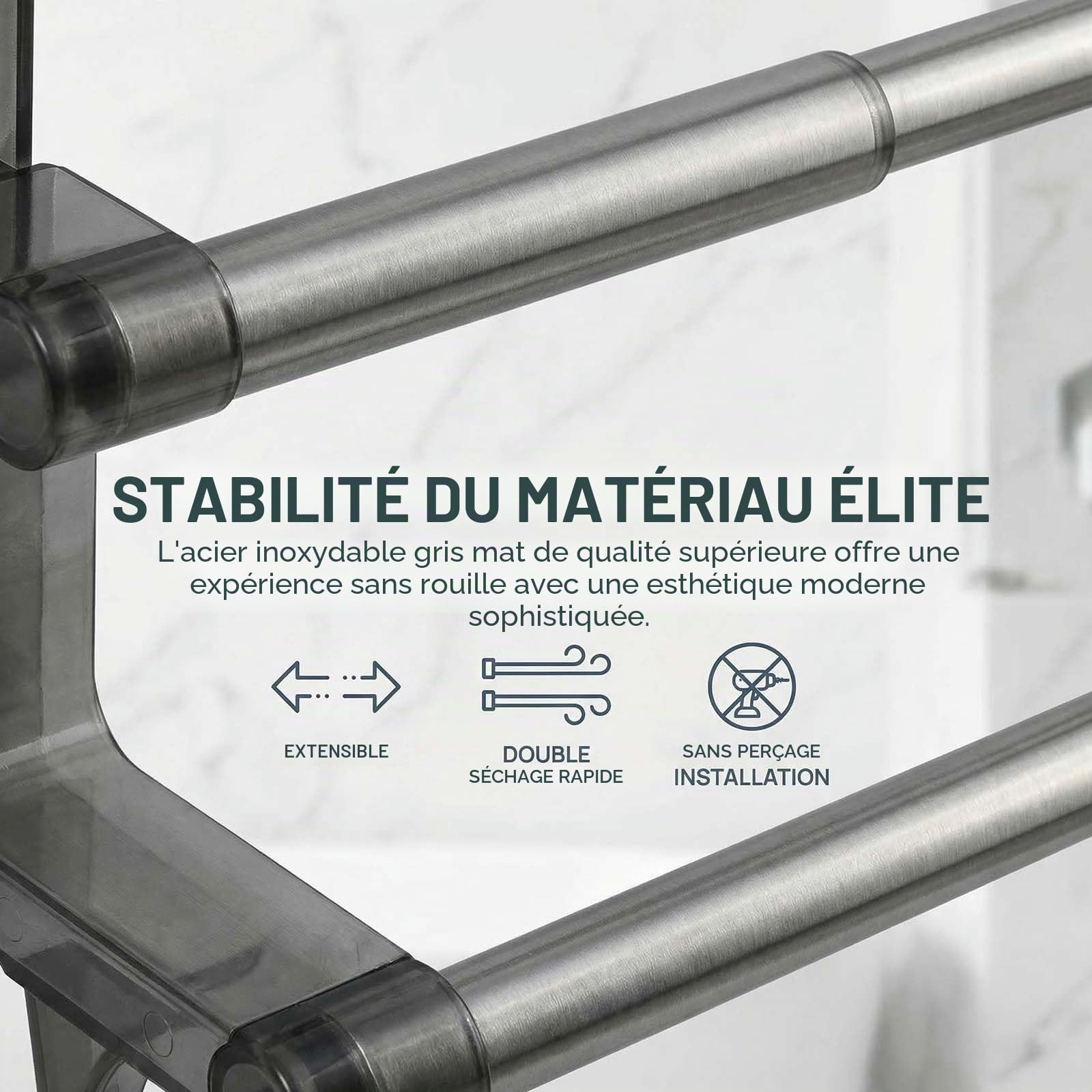 Porte-serviettes Double Extensible en Acier Inoxydable Gris, Barre de Serviette Télescopique 30-60cm pour Salle de Bain et Cuisine, Montage Mural Sans Perçage avec Ventouse, Étagère de Rangement Moder