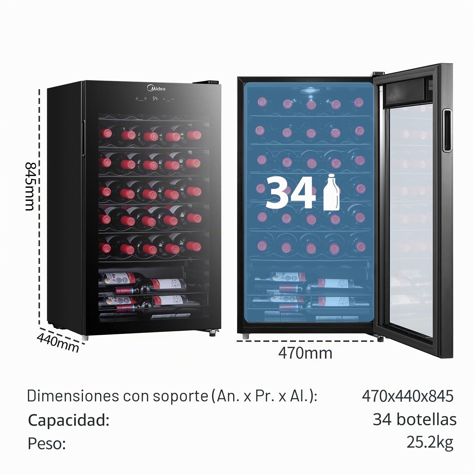 Midea Vinoteca MDRW150FGG22, 34 botellas, 1 zona 5 ℃-18 ℃, pantalla táctil, silenciosa 40 dB, cristal anti-UV, LED 3D, instalación libre, 47 x 44 x 84,5 cm, negro