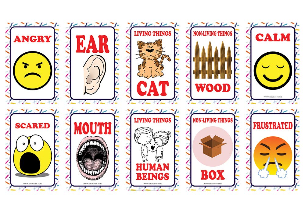 Creanoso Kinds of Emotions, Parts of The Body and Living Nonliving Things Learning Cards (1-Deck) - Fun Stocking Stuffers for Home Tutoring Party Favors - Suitable for Kids Boys Girls Children