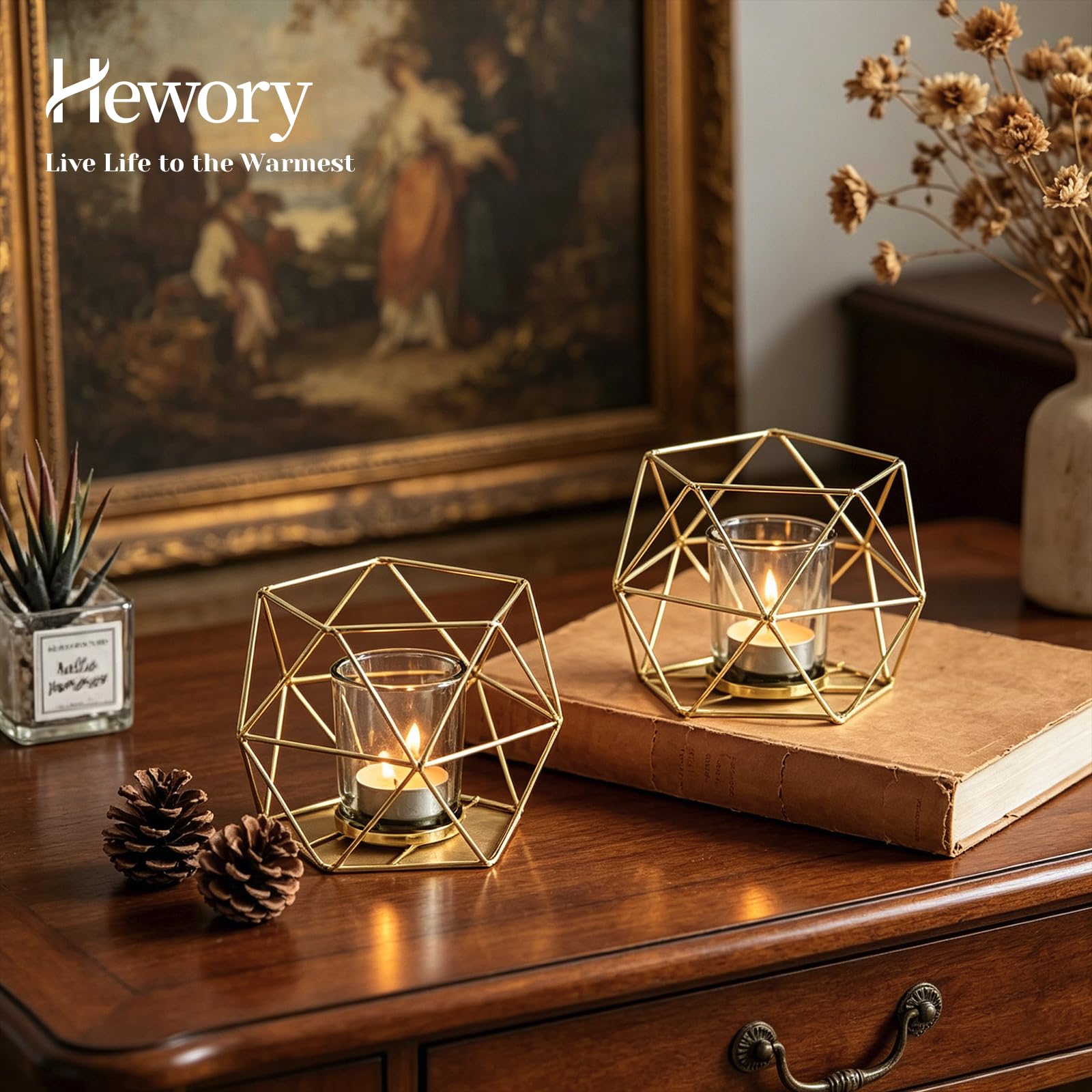 Hewory 12er Set Gold Teelichthalter Glas Modern Kerzenhalter für Teelicht | Geometrische Form, Dickes Premium-Glas, Windlicht Metall für Hochzeit Deko Wohnzimmer Wohnung, Vielseitige Teelichtgläser