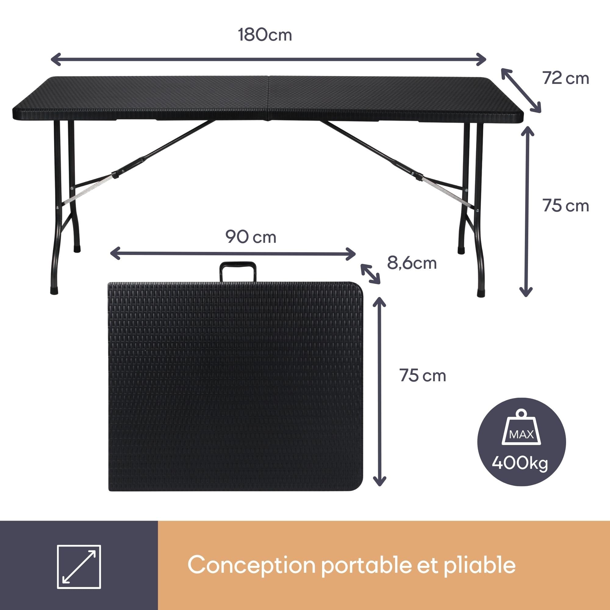 Table Valise Aspect Rotin Perel Table Pliante Rotin Noir - Table De Camping Pliable - Résistante Aux Intempéries - Porte Jusqu'à 100 Kg Table Camping Design Rotin