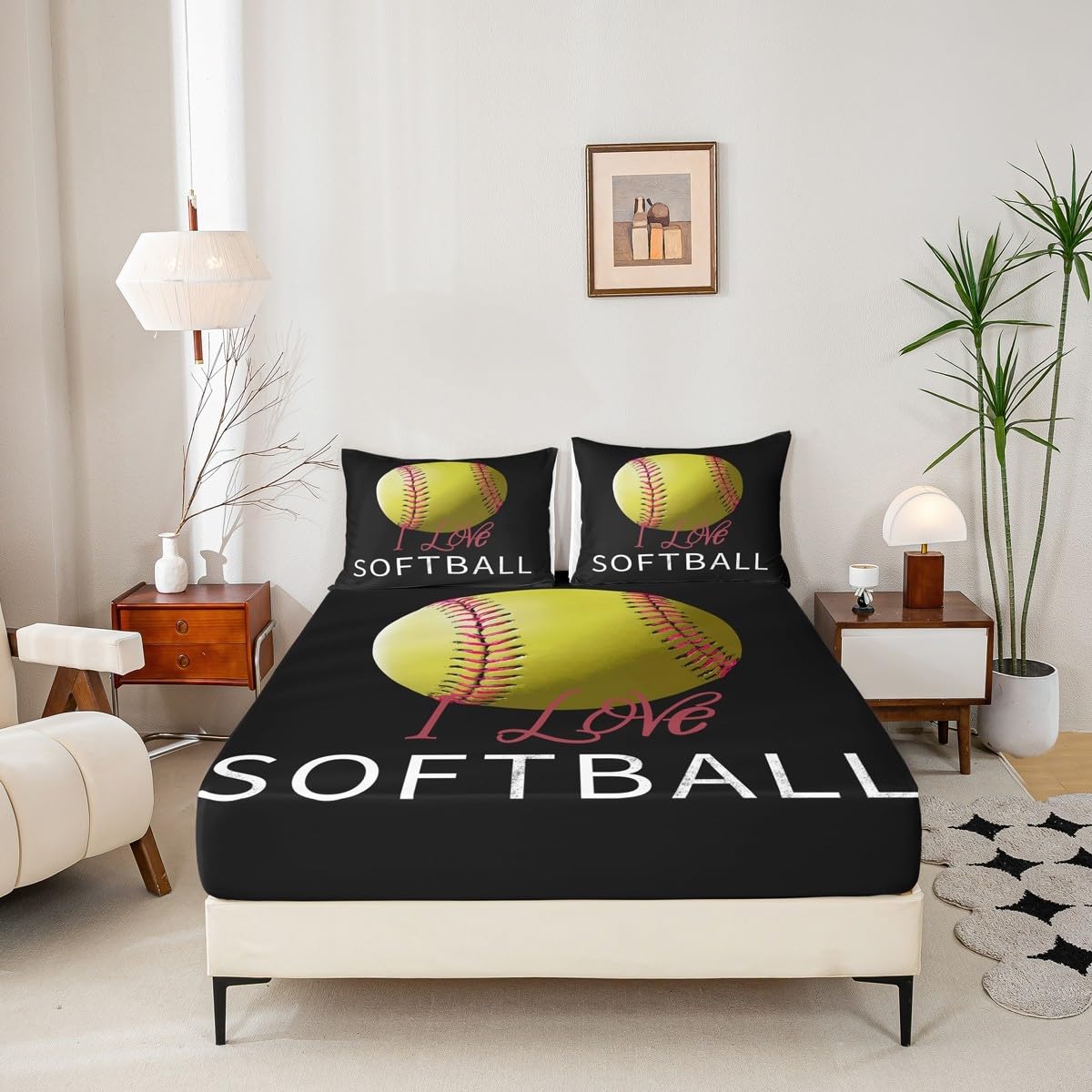 Juego de sábanas con patrón de sóftbol, juego de sábanas bajeras para niños y niñas, juego de sábanas de tamaño completo, incluye 1 sábana encimera, 1 sábana bajera, 2 fundas de almohada