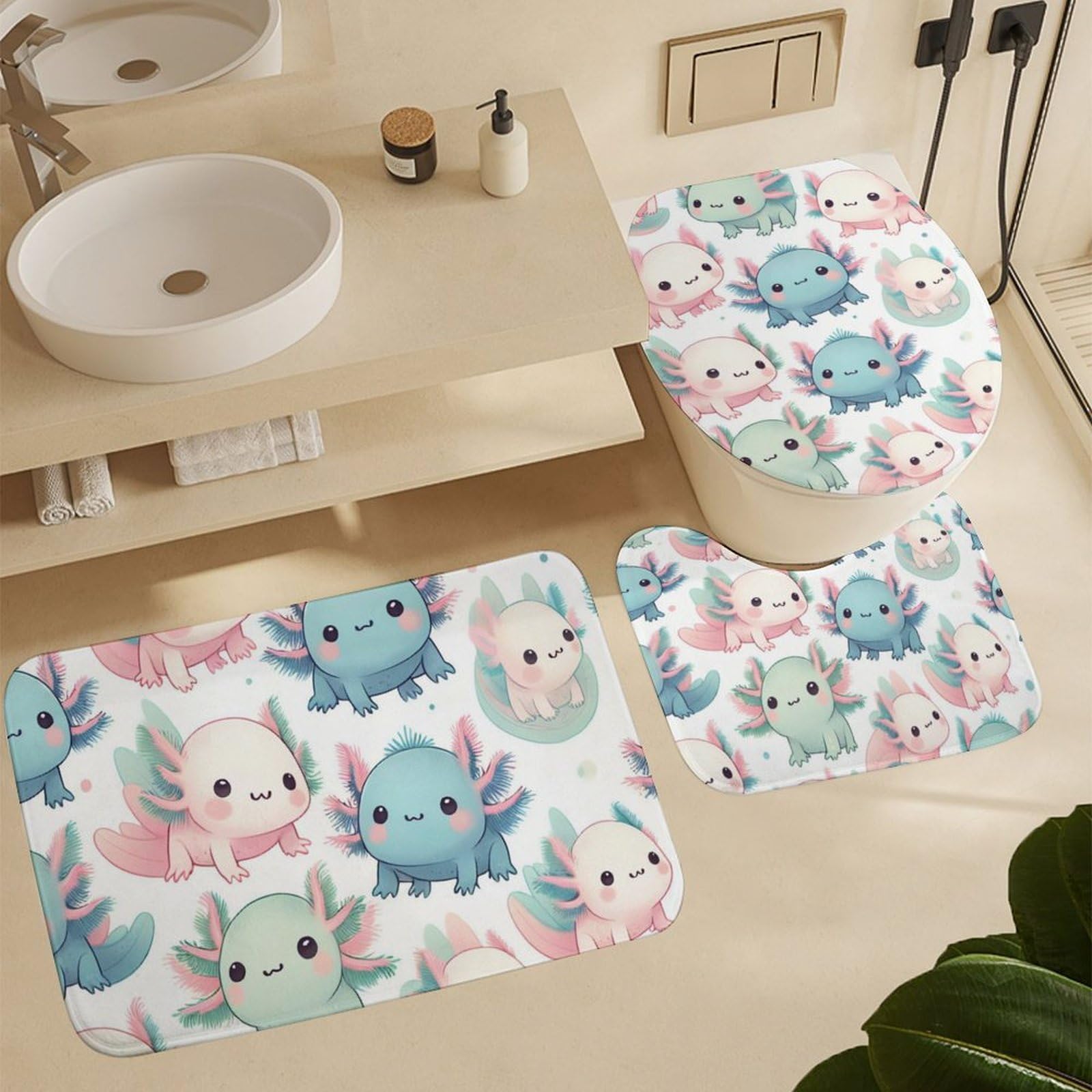 Duschvorhang mit Badezimmer-Sets und Teppichen, Dekoration, Cartoon-Axolotl, lustige Duschvorhang-Sets mit rutschfestem Teppich, WC-Deckelbezug, U-förmige Matte mit Haken, 182,9 x 182,9 cm, 4
