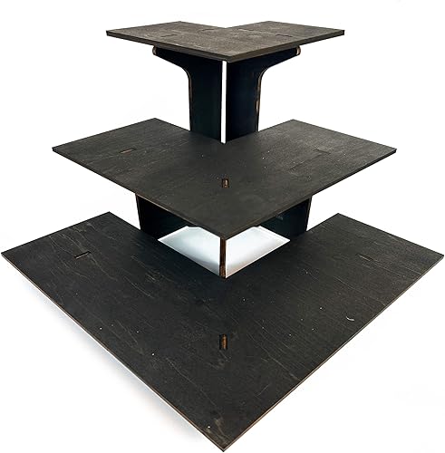 Mesa expositora de esquina de ébano quemado de 3 niveles con estantes para productos - portátil